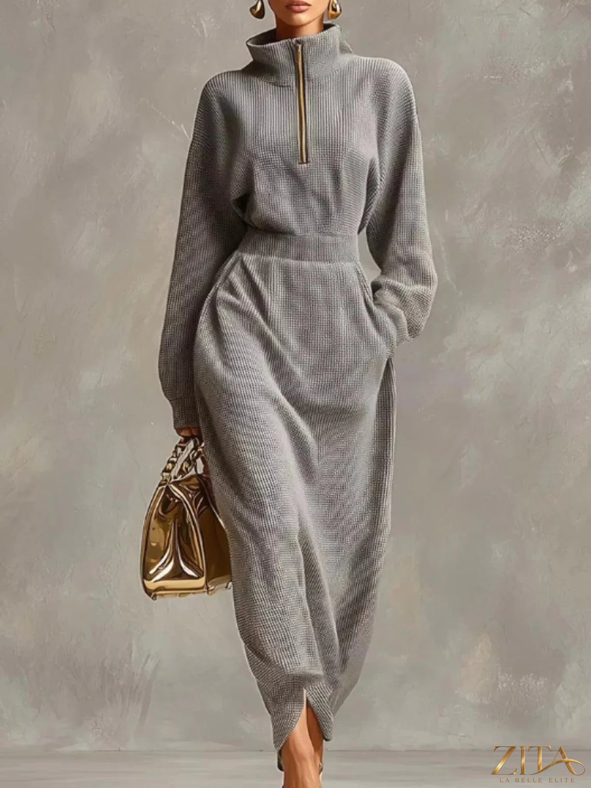 Waffle knit quarter-zip midi dress by Trendsi, showing a close-up of the textured fabric and stylish neckline.