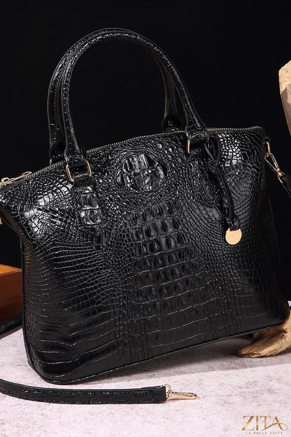 Zita La Belle Elite PU leather handbag with gold hardware, stylish tote with top handles and spacious interior.