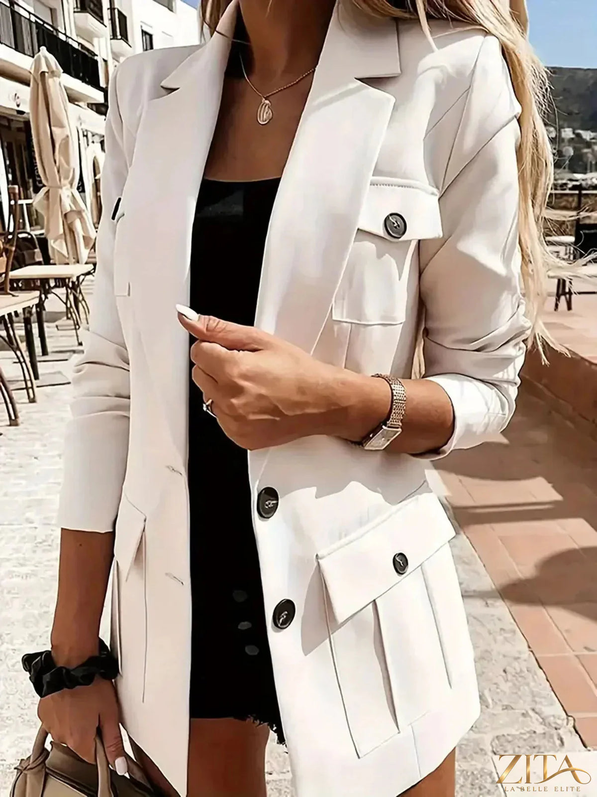 Zita La Belle Elite lapel collar long sleeve blazer featuring a tailored fit and classic design, shown on a model.