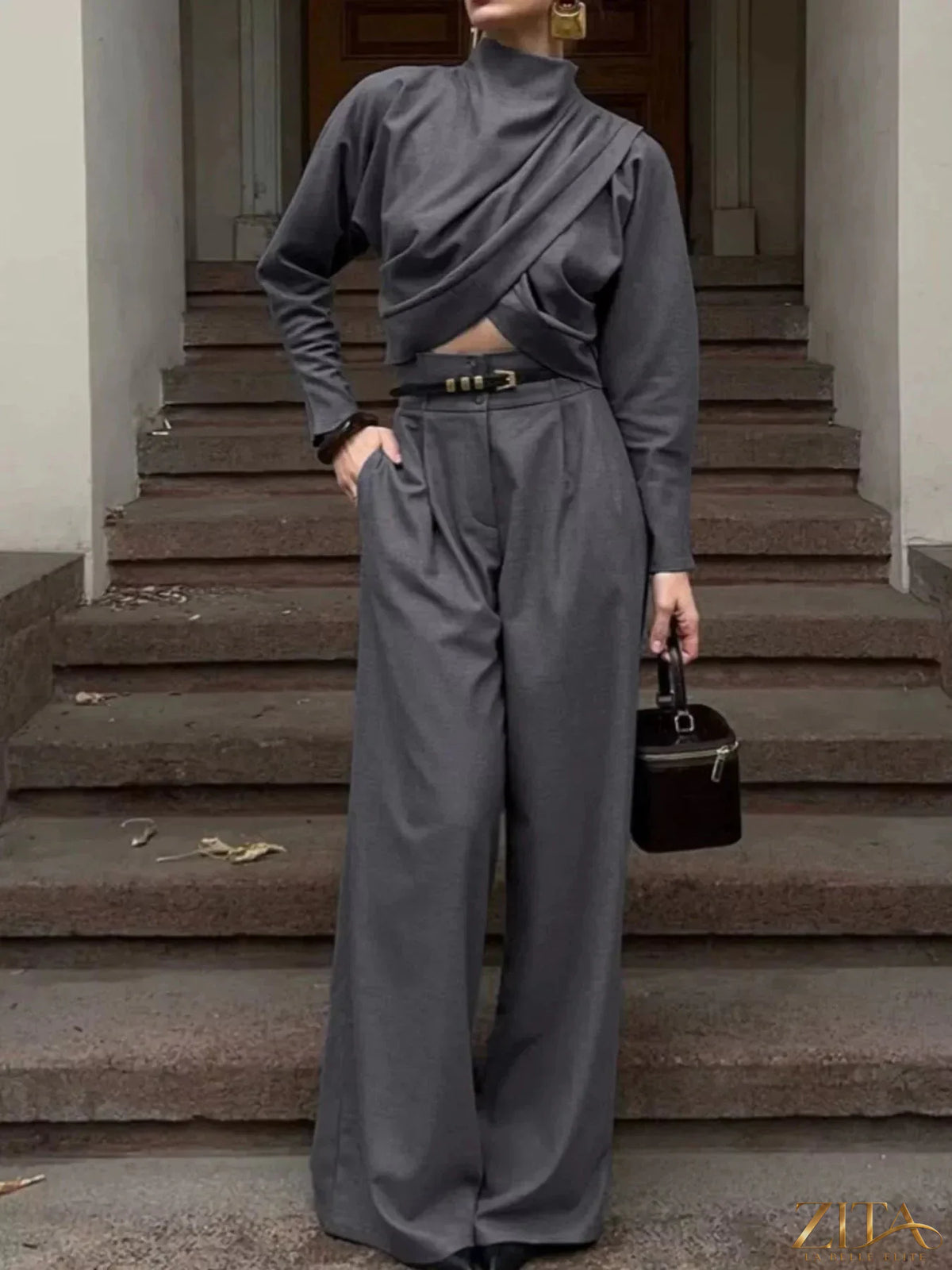 Zita La Belle Elite draped crop top and wide-leg pants set, featuring a stylish crop top with draped fabric and flowing wide-leg trousers.
