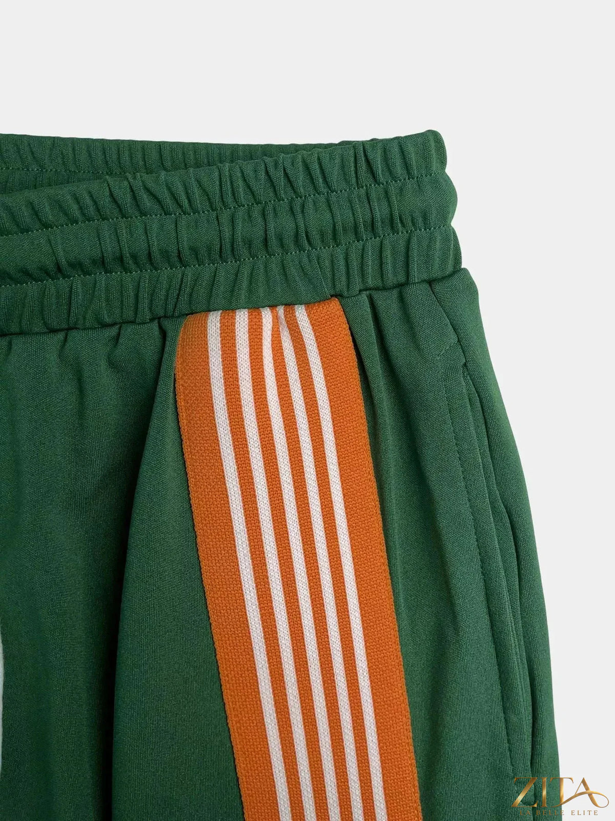 Zita La Belle Elite striped detail top and drawstring pants set, featuring a stylish coordinated outfit with colorful stripes and comfortable fit.