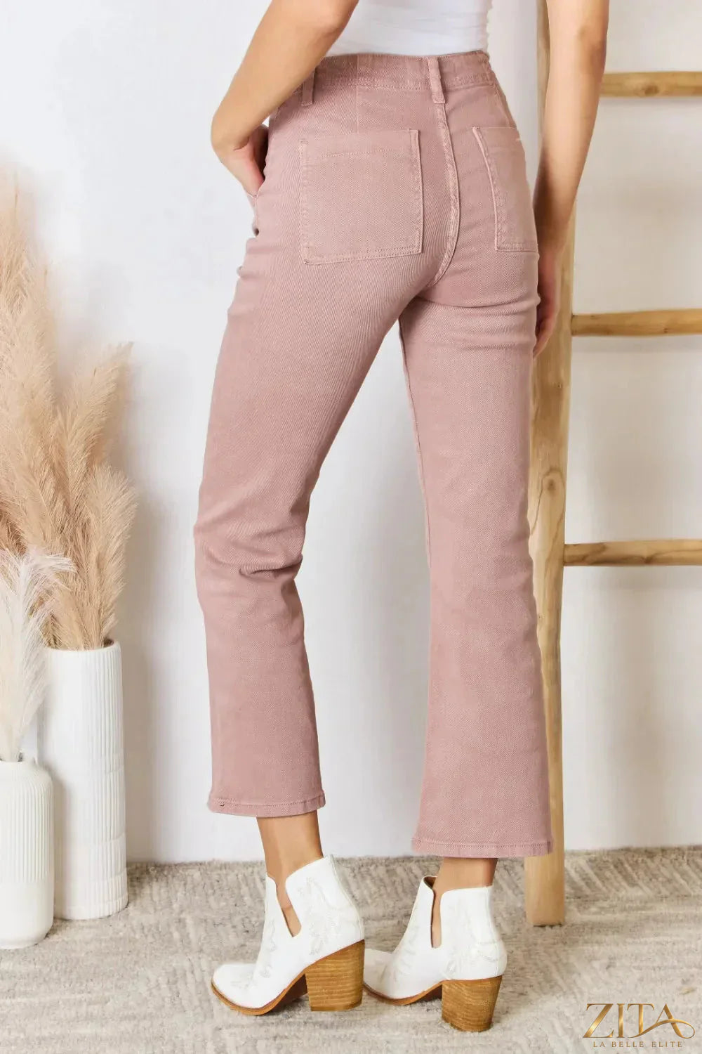 Zita La Belle Elite RISEN full size high rise ankle flare jeans displayed on a model, showcasing the trendy denim fit and style.