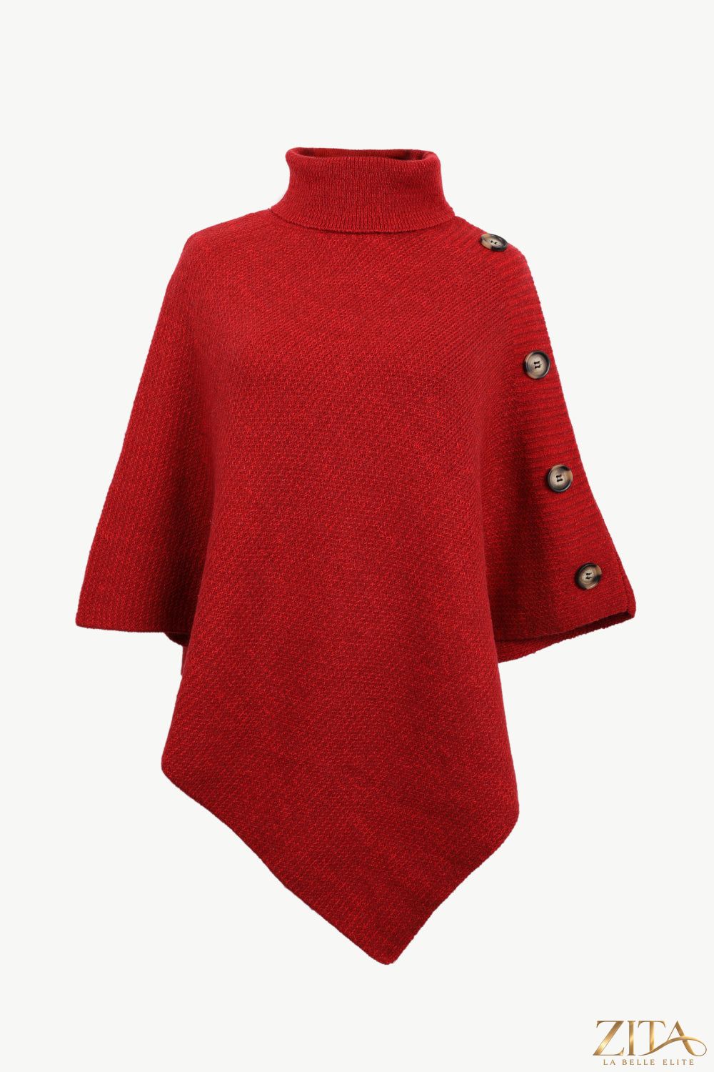 Zita La Belle Elite turtleneck buttoned poncho in cozy knit fabric, featuring a high neck and button accents, stylish and warm.