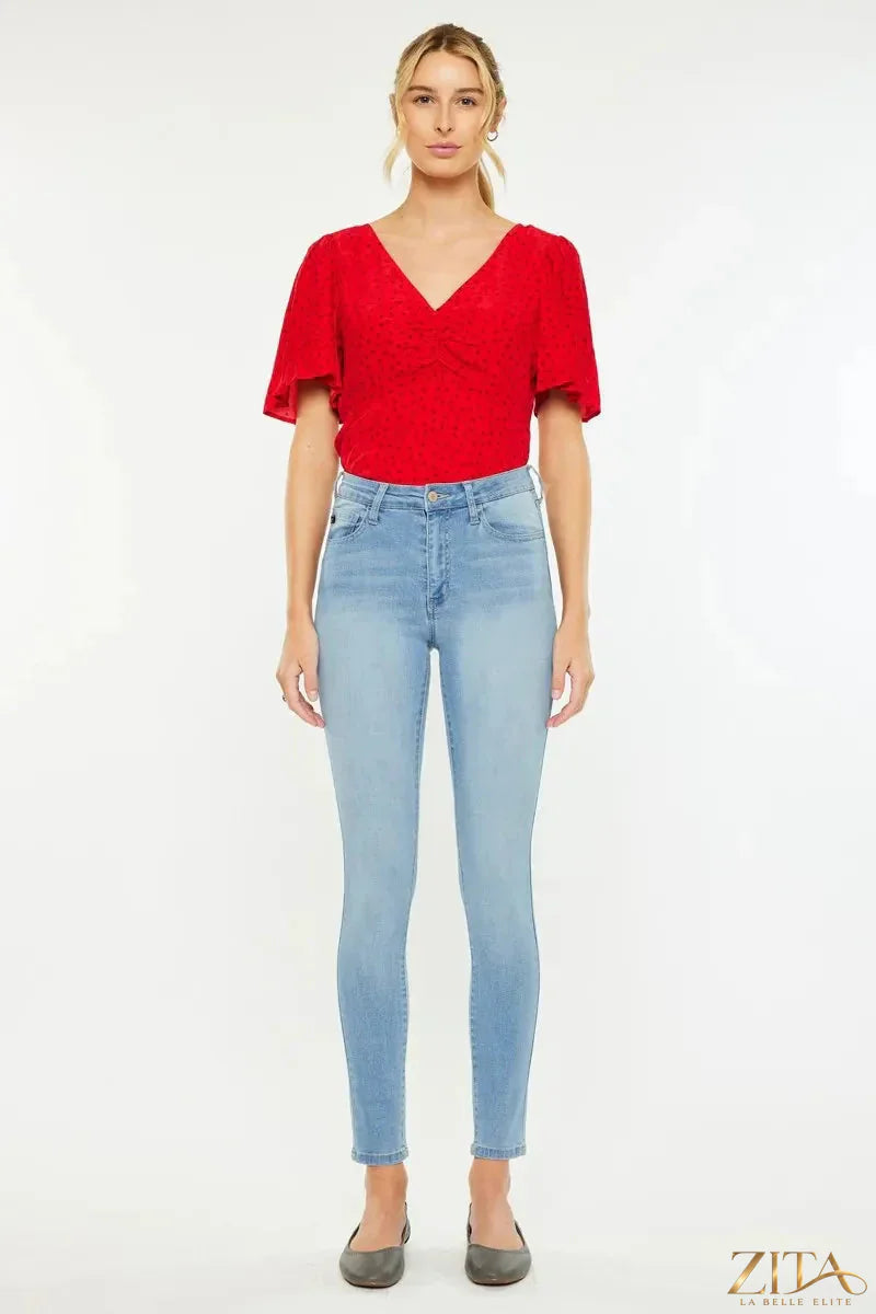 Zita La Belle Elite Kancan high-rise super skinny jeans displayed on a model, showcasing fitted denim with a high waist.