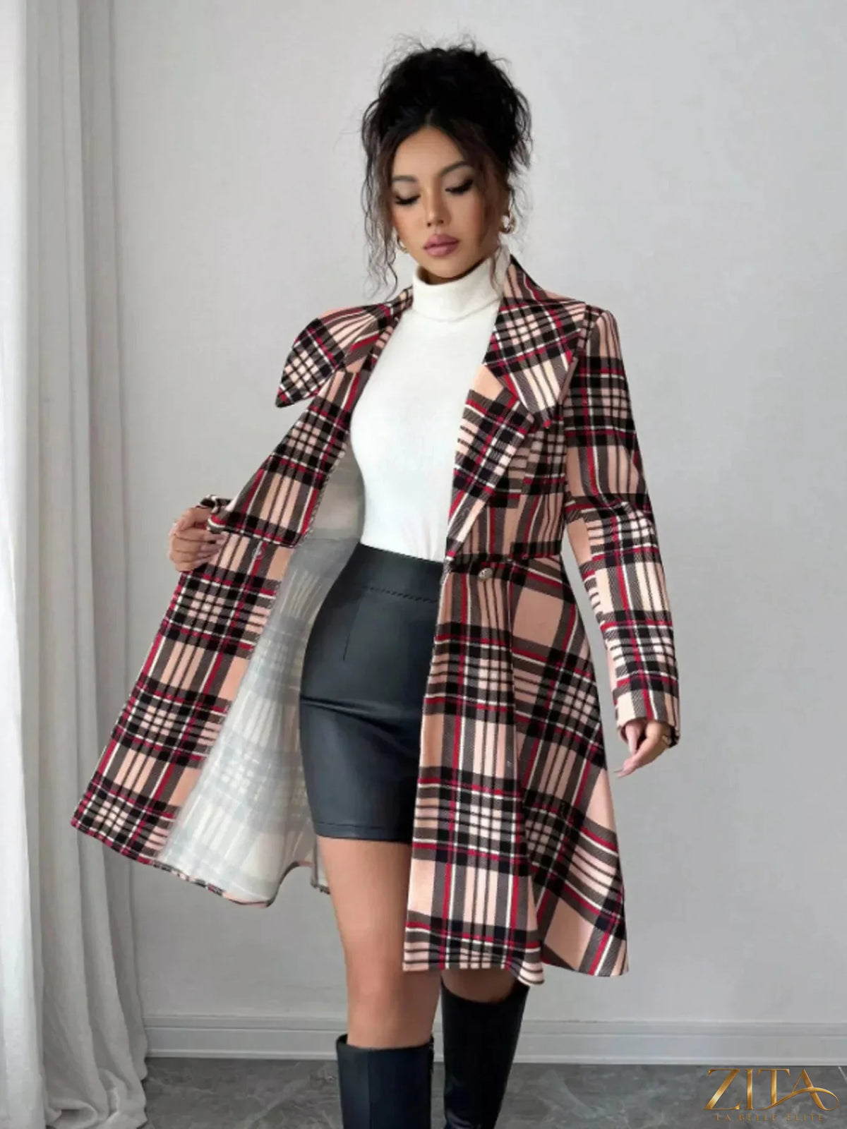 Zita La Belle Elite plaid button-up long sleeve coat with classic pattern and tailored fit, perfect for stylish layered winter looks.