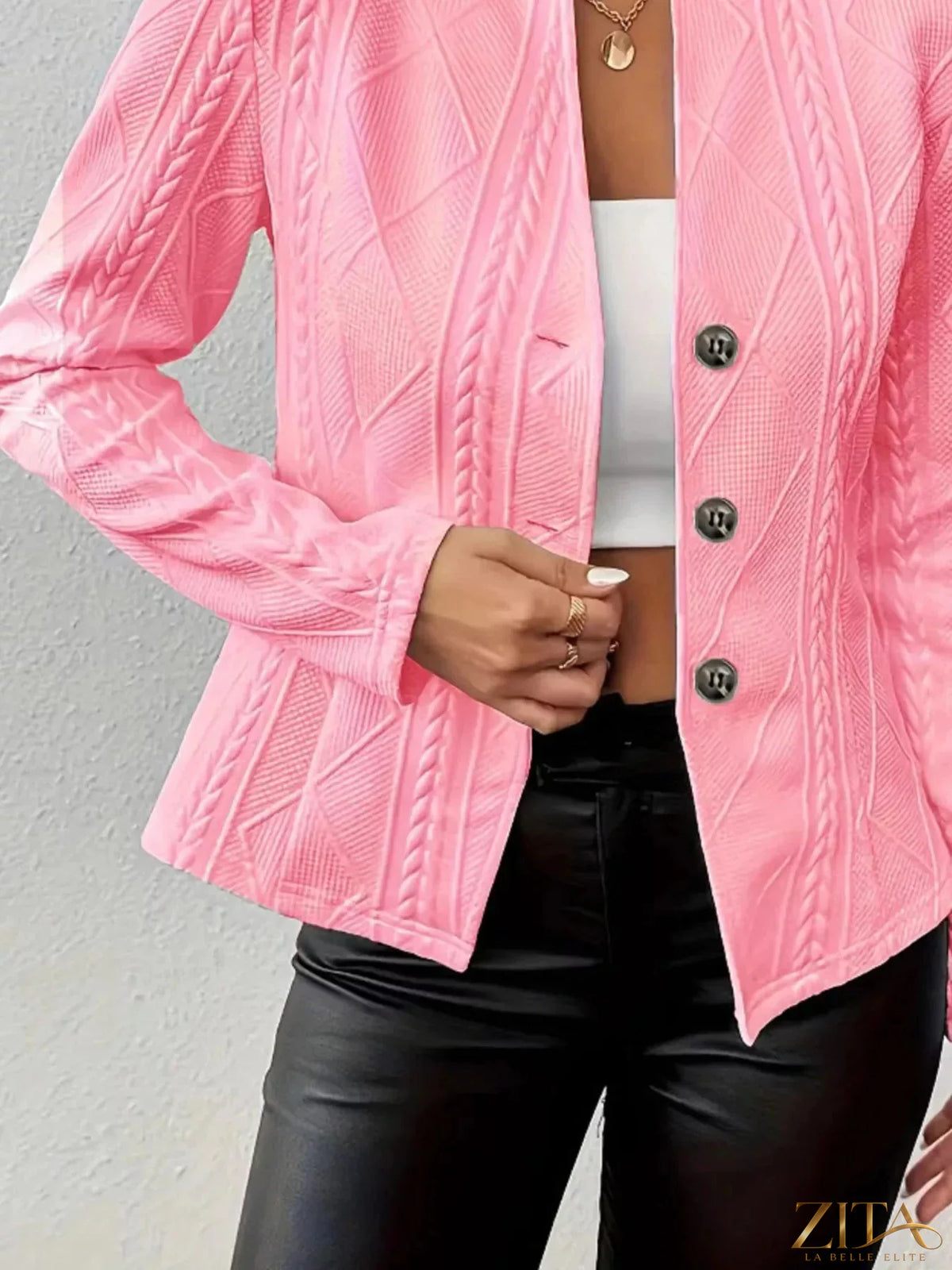Zita La Belle Elite textured knit button-front blazer showing a fitted silhouette and stylish collar detail.