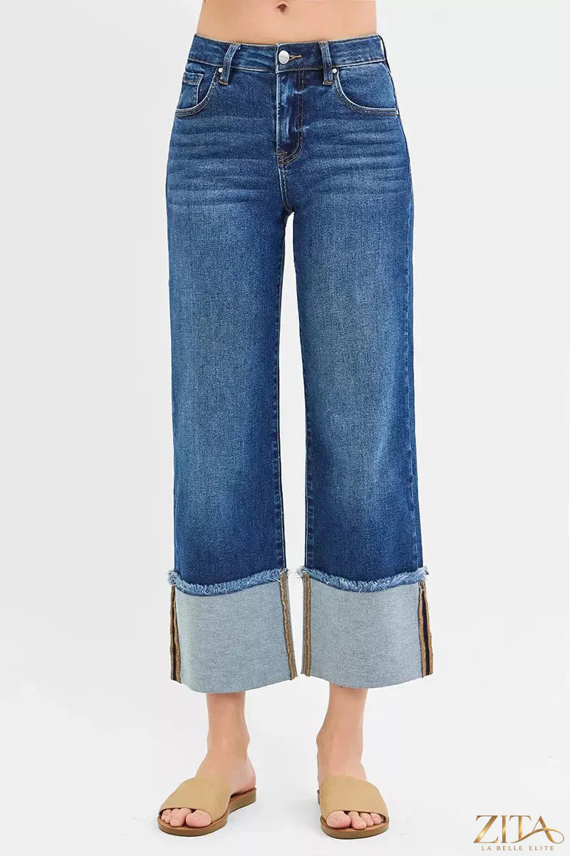 Plus size Zita La Belle Elite RISEN mid-rise crop wide cuffed jeans, denim fabric, and stylish fit, shown on a model.