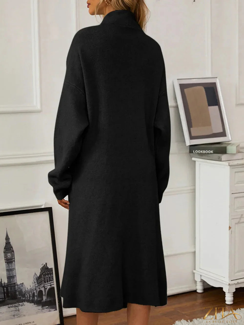 Zita La Belle Elite V-neck cami dress paired with a lightweight open front cardigan sweater on a model.