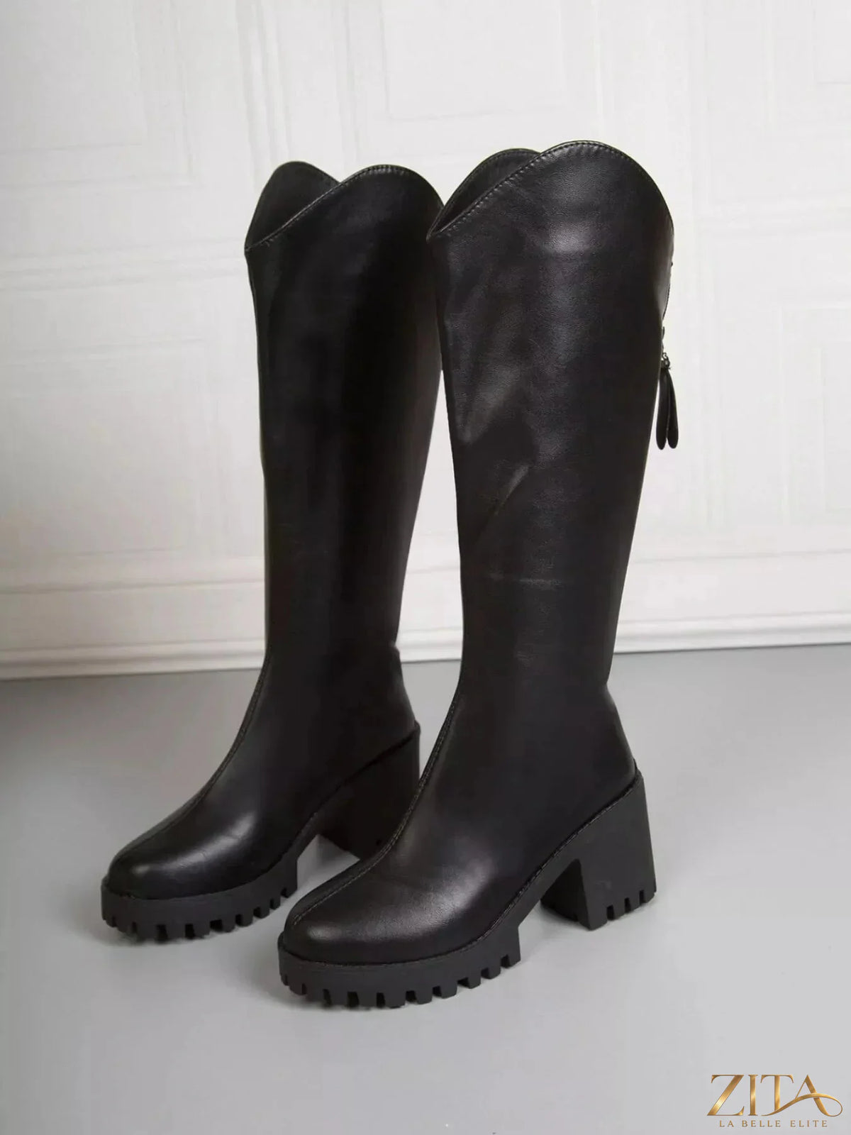 Zita La Belle Elite platform block heels boots with black leather finish, chunky heel, and stylish ankle height.