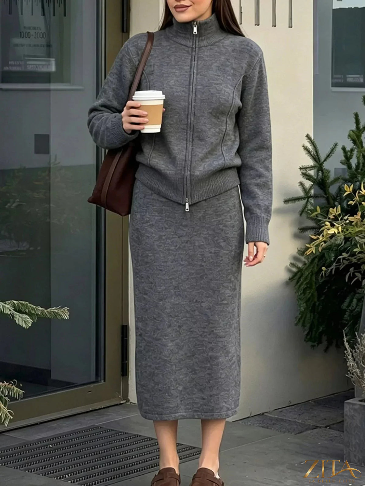 Zita La Belle Elite zip-up mock neck cardigan and matching midi skirt sweater set, displayed on a neutral background.