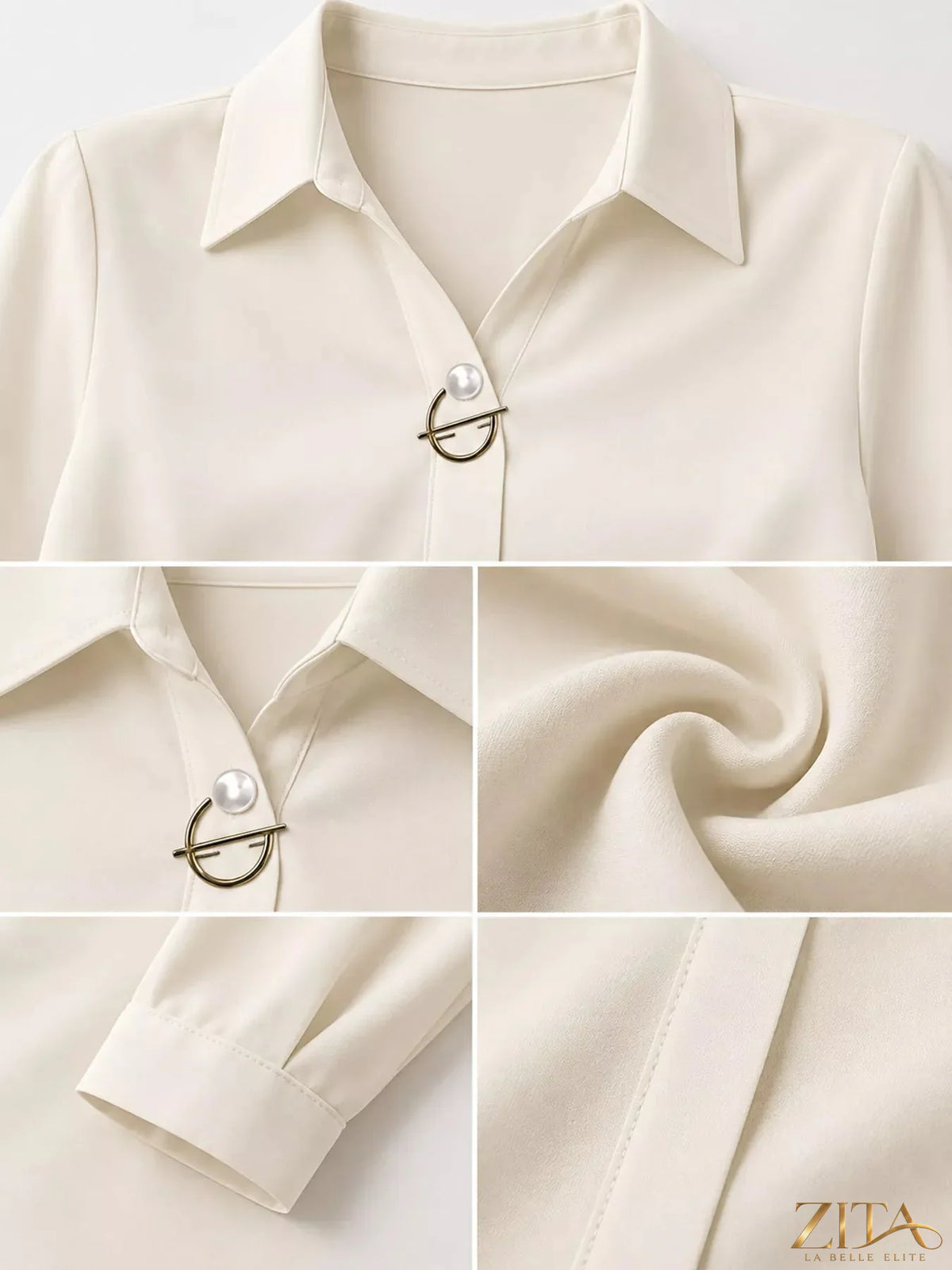 Long sleeve satin blouse by Zita La Belle Elite, featuring a smooth, shiny fabric and elegant fit, shown on a model.