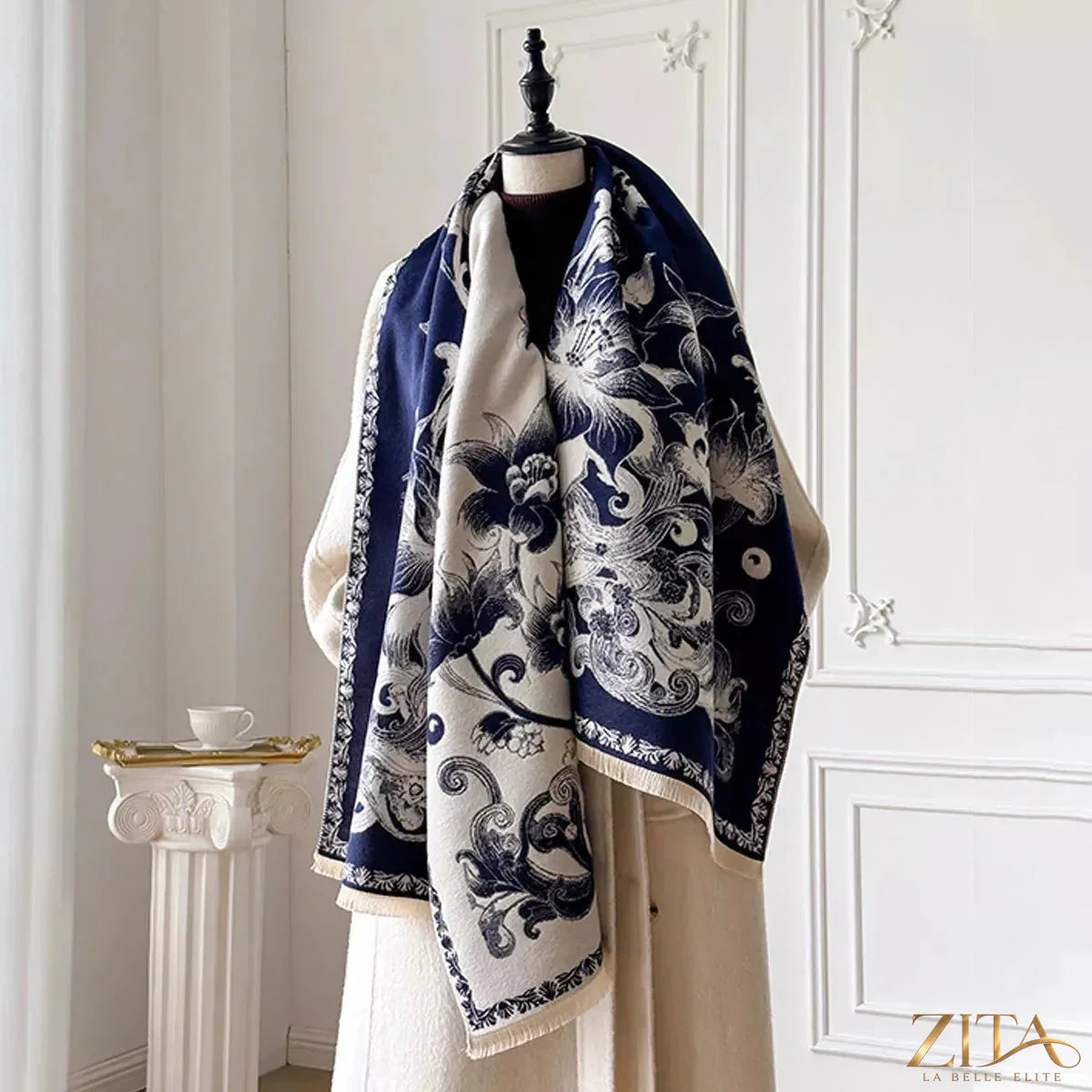 Zita La Belle Elite floral raw hem winter scarf with colorful floral pattern and textured raw edges, cozy and stylish accessory.