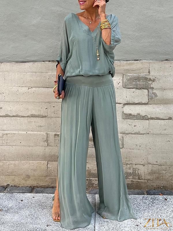 Zita La Belle Elite solid-color chiffon two-piece casualwear set with long sleeves and relaxed fit in multiple colors.
