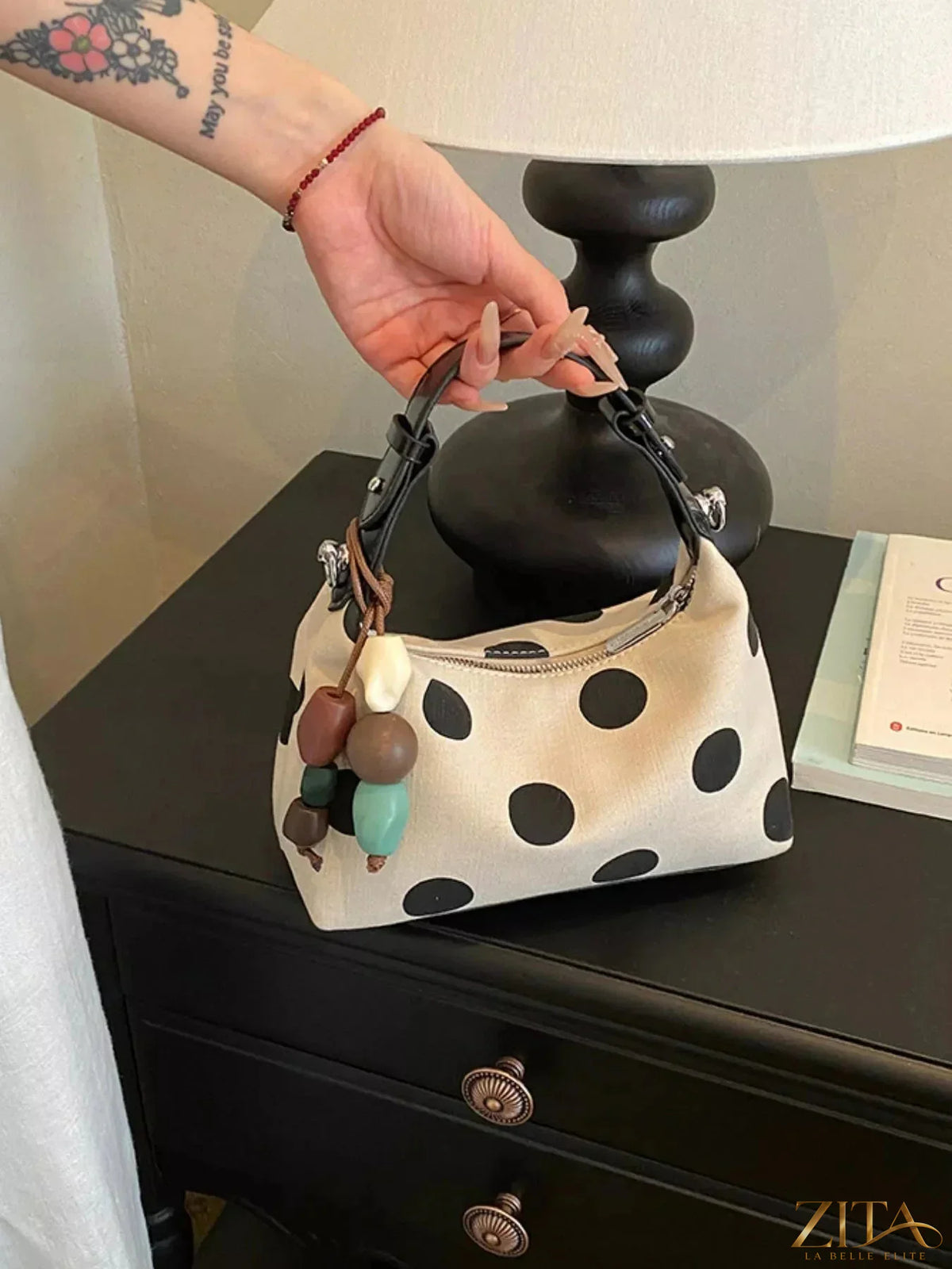 Zita La Belle Elite polka dot PU leather handbag with top handle and gold-tone accents, stylish and compact for everyday use