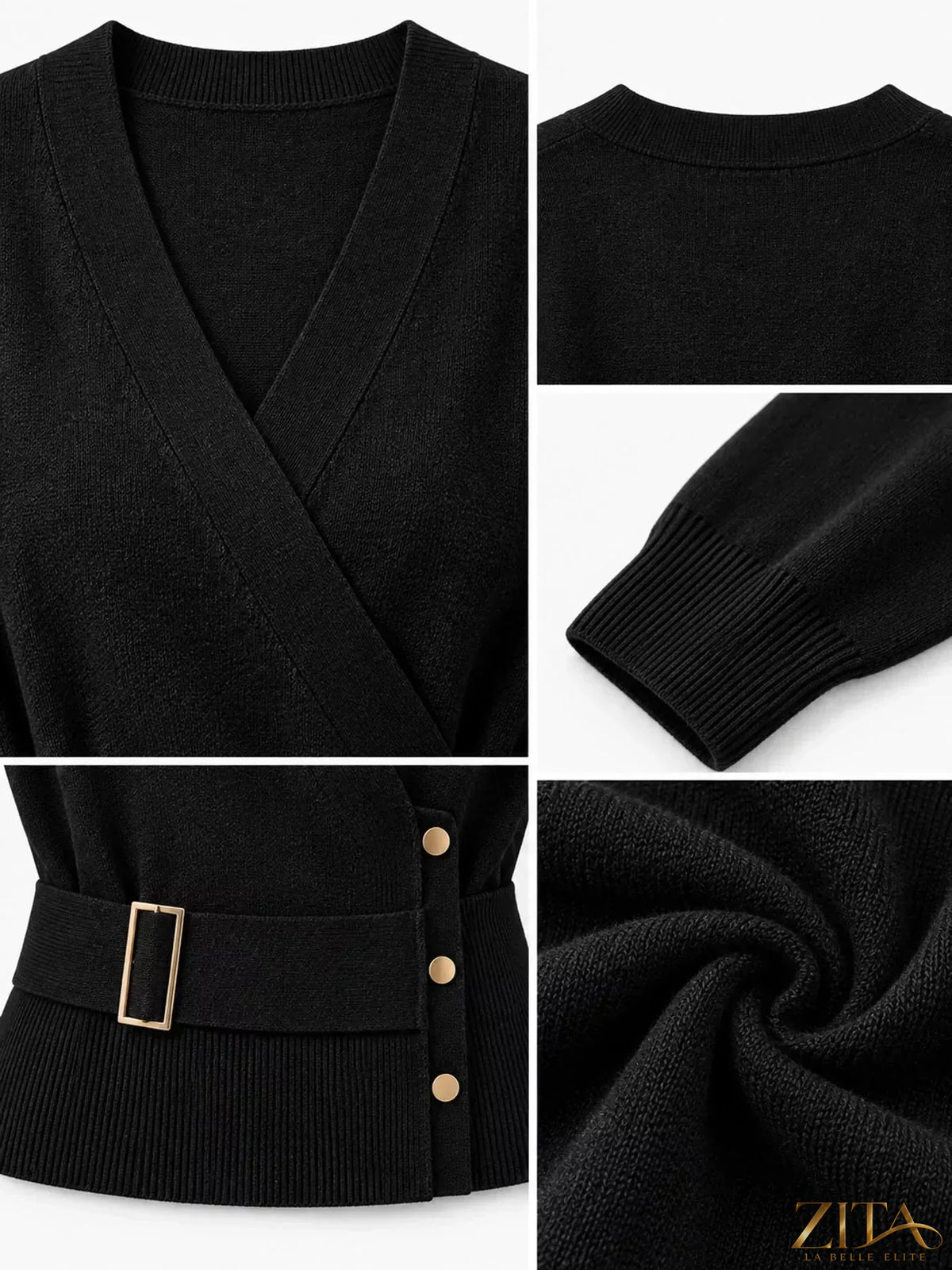 Zita La Belle Elite surplice long sleeve knit top with elastic waist, featuring a fitted style and soft, cozy fabric.
