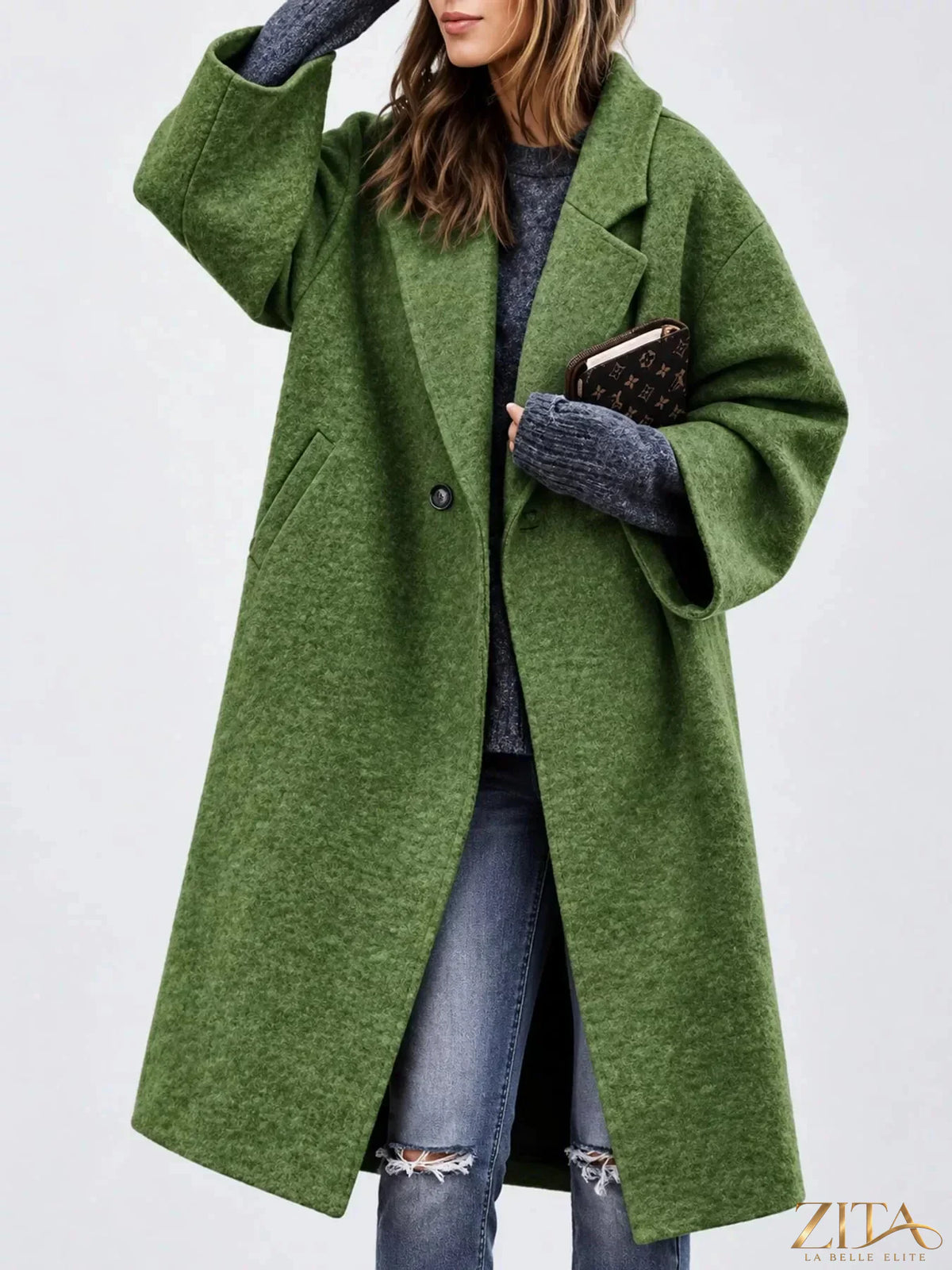Plus size Zita La Belle Elite full size coat with lapel collar and single button closure, showcasing a stylish, tailored design.