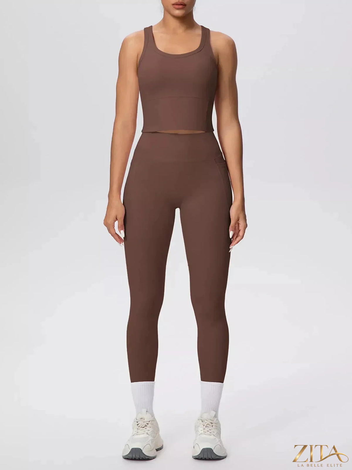 Zita La Belle Elite scoop neck tank top and high-waisted leggings active set, black, form-fitting workout attire.