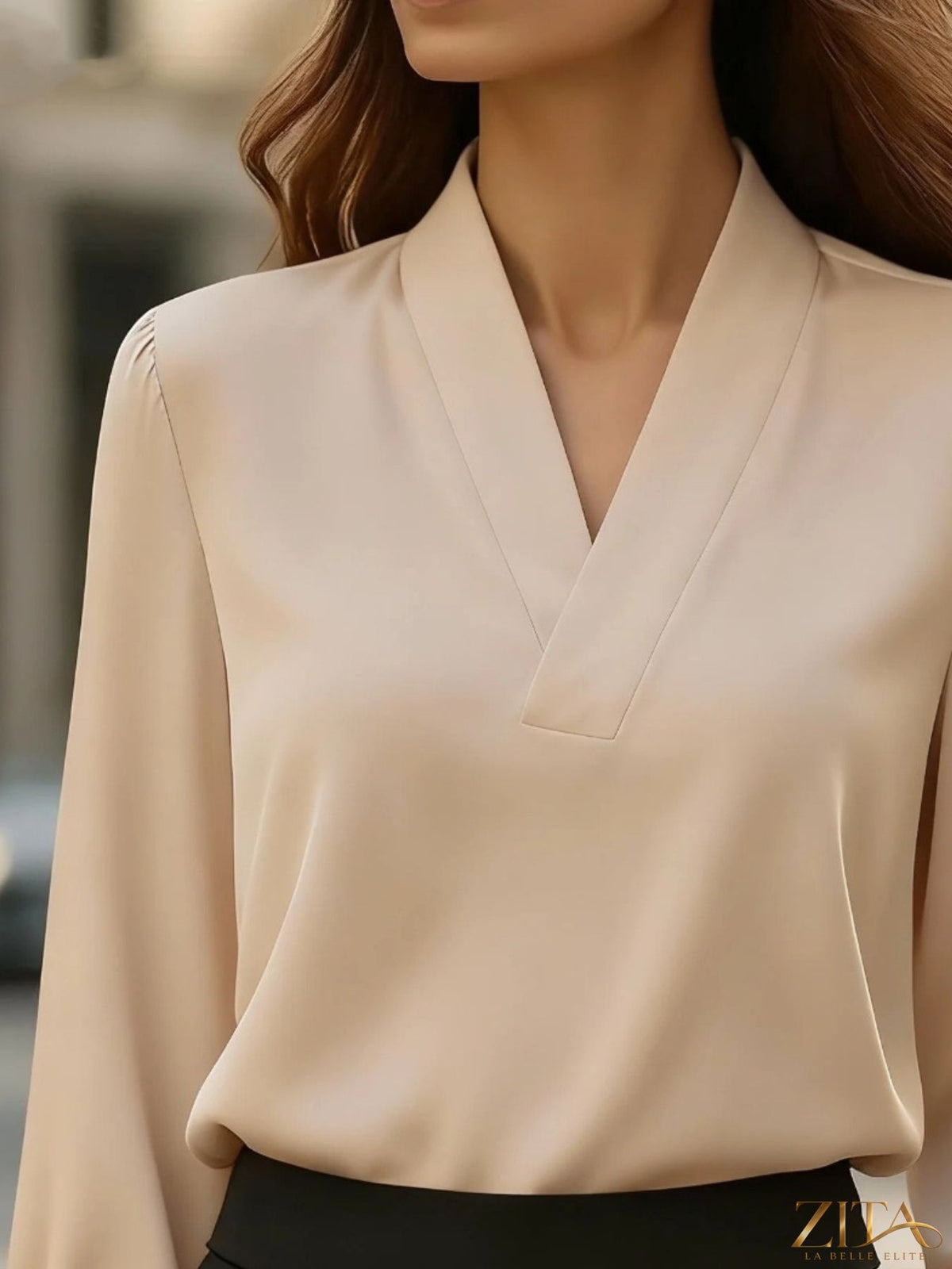 Zita La Belle Elite satin V-neck long sleeve blouse in soft, shiny fabric, displayed on a hanger with a neutral background.