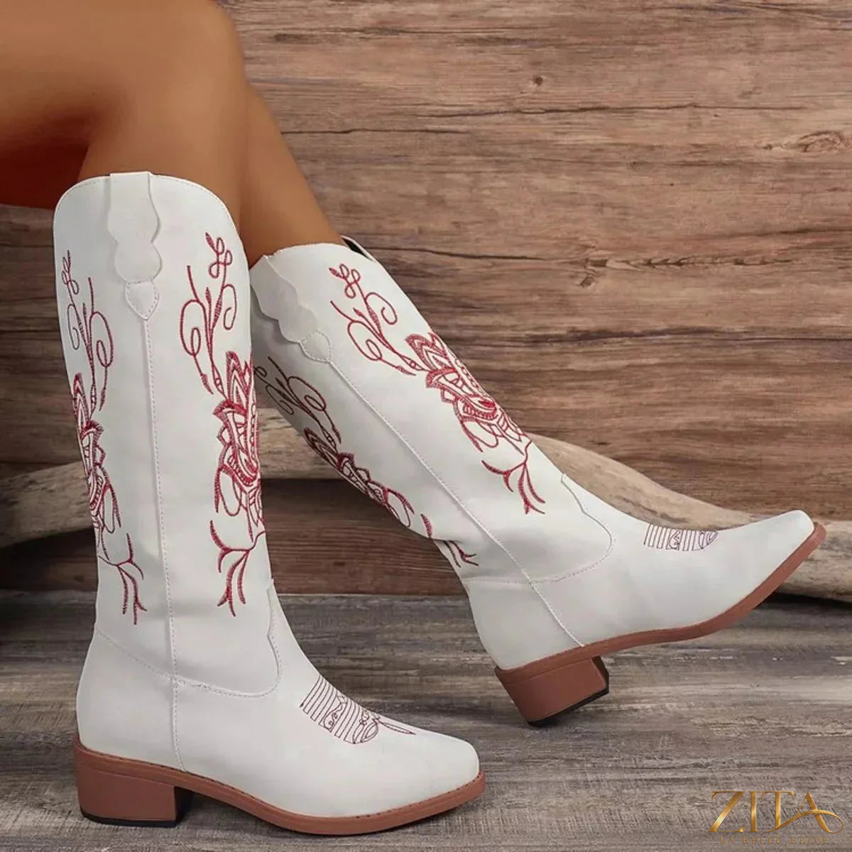 Zita La Belle Elite embroidered block heel boots with intricate floral embroidery and sturdy heels, stylish and elegant footwear.