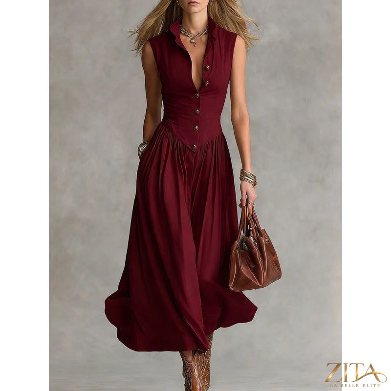 Women's sleeveless maxi dress with lapel collar and patchwork design by Zita La Belle Elite, casualwear, slim fit style.