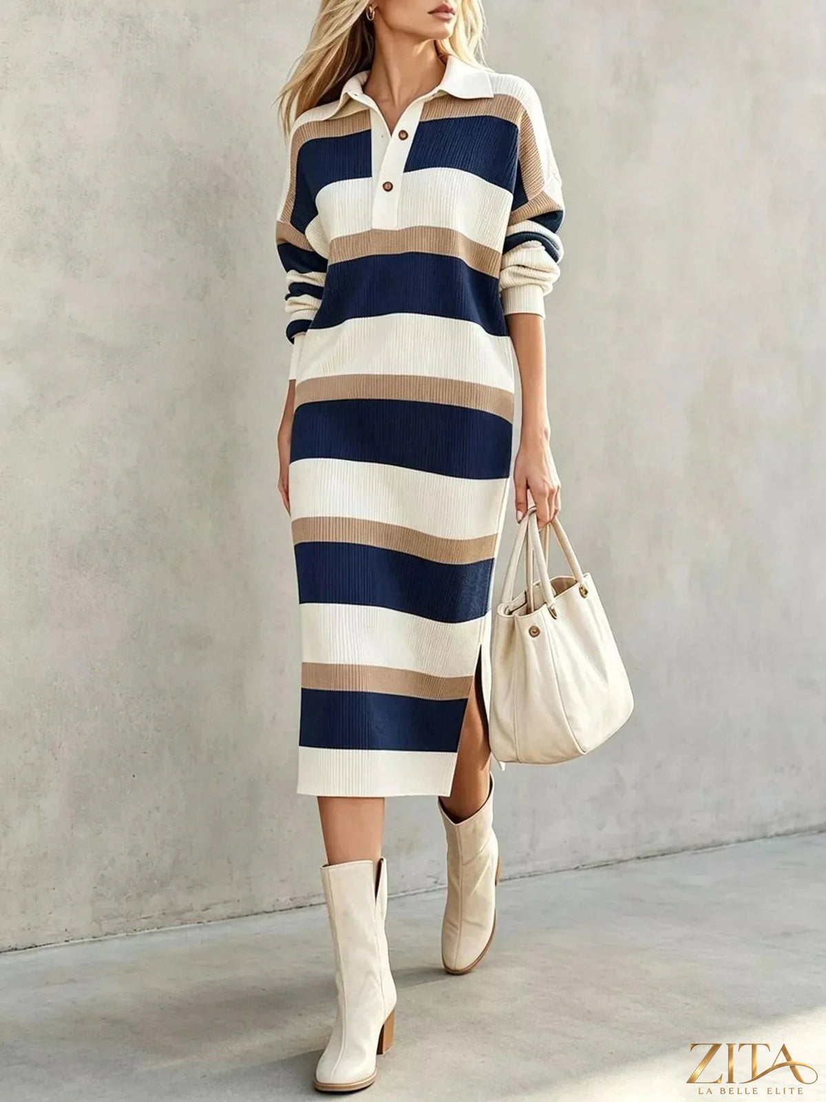 Zita La Belle Elite striped polo collar long sleeve sweater dress with a fitted silhouette and classic design.