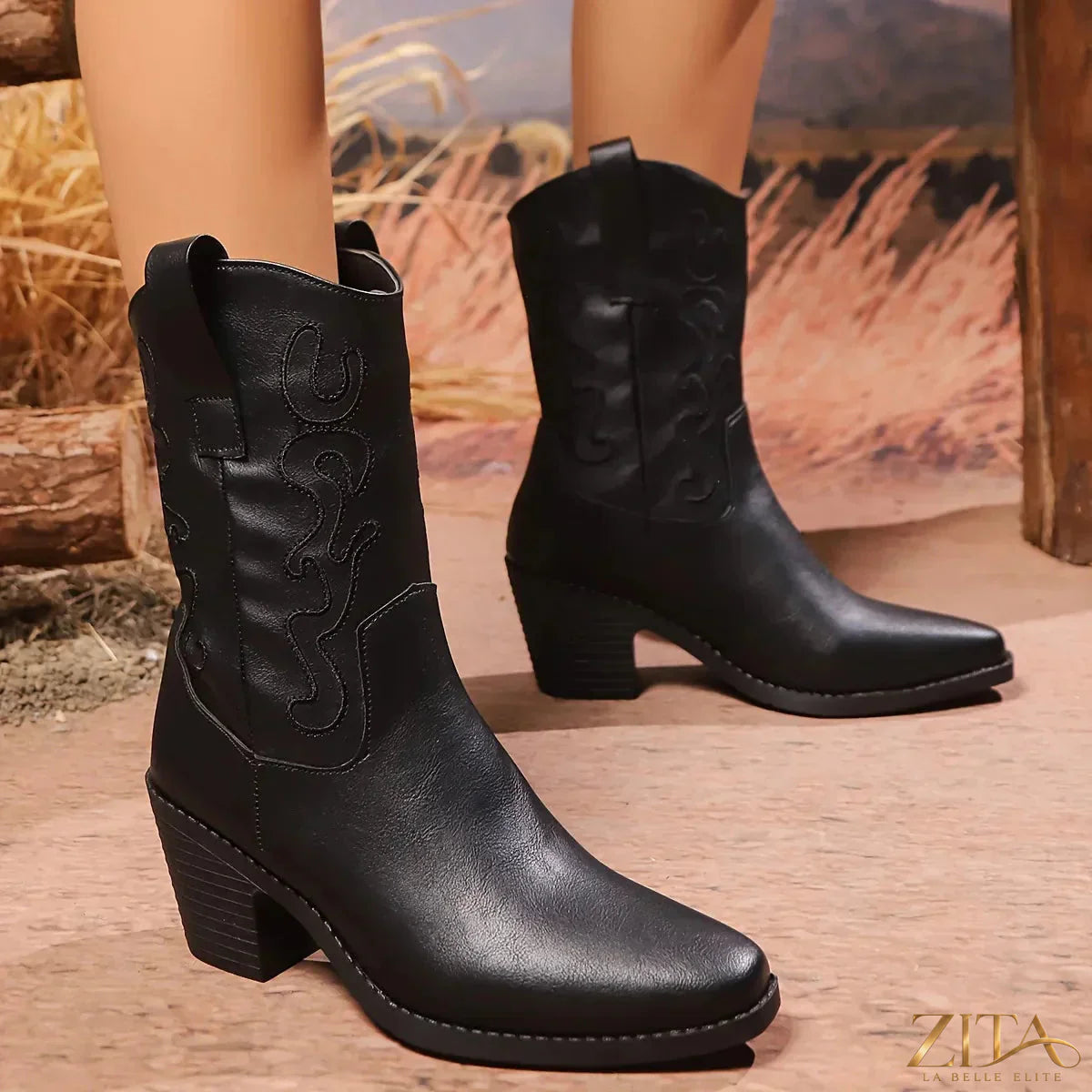 Zita La Belle Elite point toe block heel boots with sleek design and stylish silhouette, front view showing the smooth leather finish.