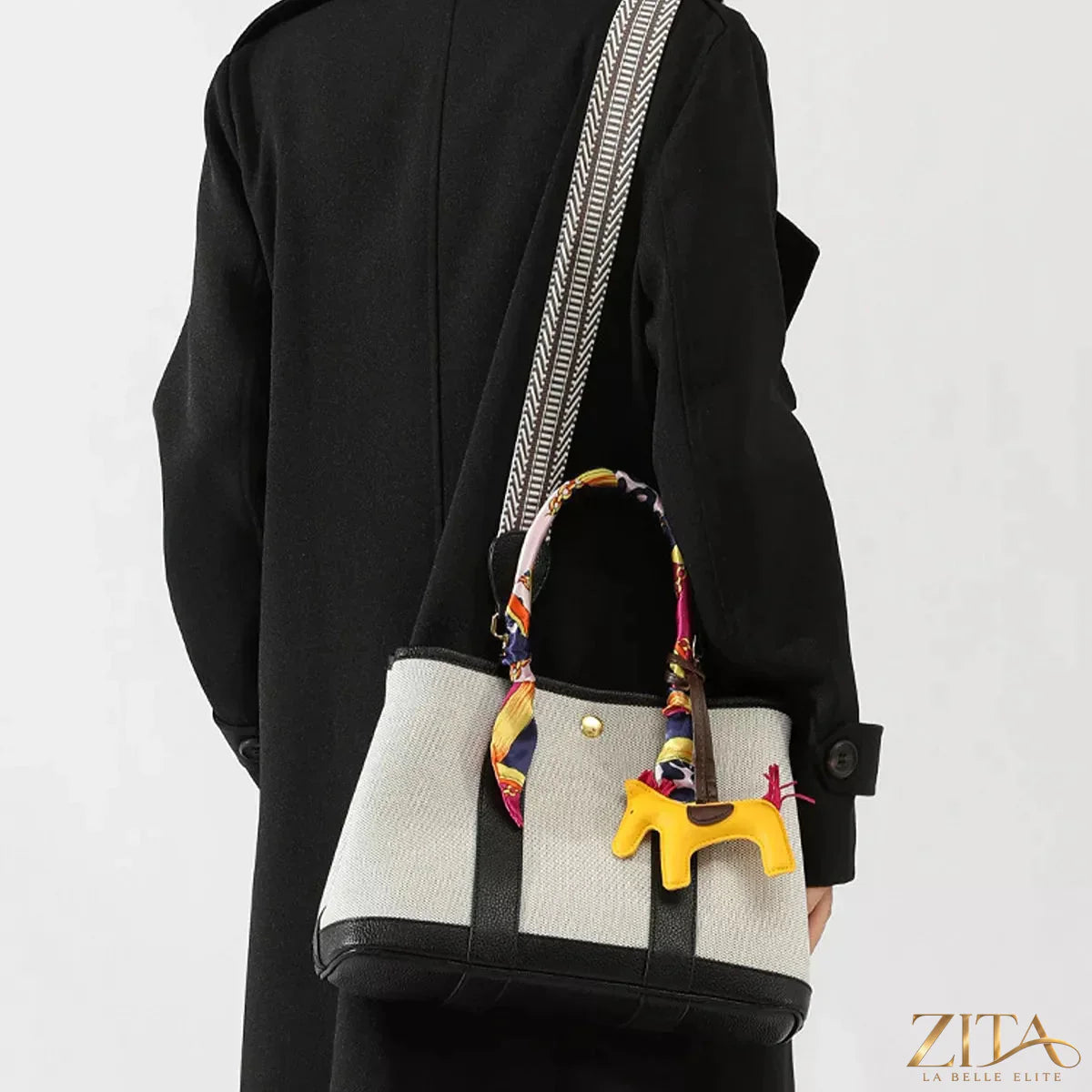 Zita La Belle Elite canvas handbag featuring a silk scarf and horse charm, stylish and elegant accessory for everyday use.