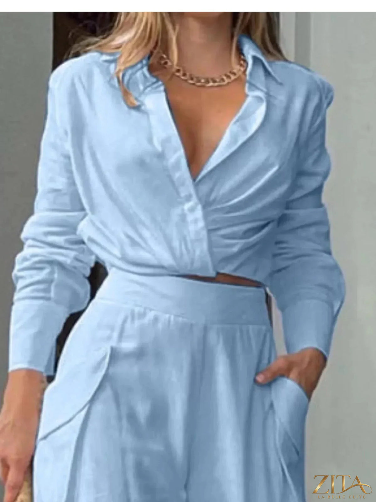 Zita La Belle Elite long sleeve shirt and wide-leg pants set, stylish and comfortable outfit for casual or formal wear.