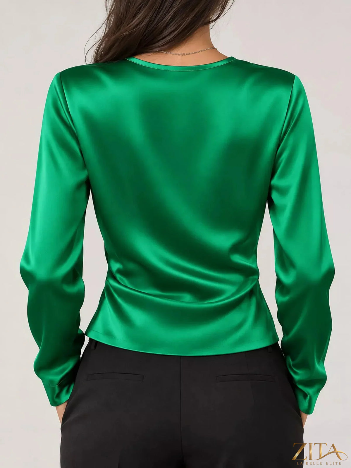 Zita La Belle Elite satin surplice long sleeve blouse with draped neckline and elegant fit, displayed on a white background.