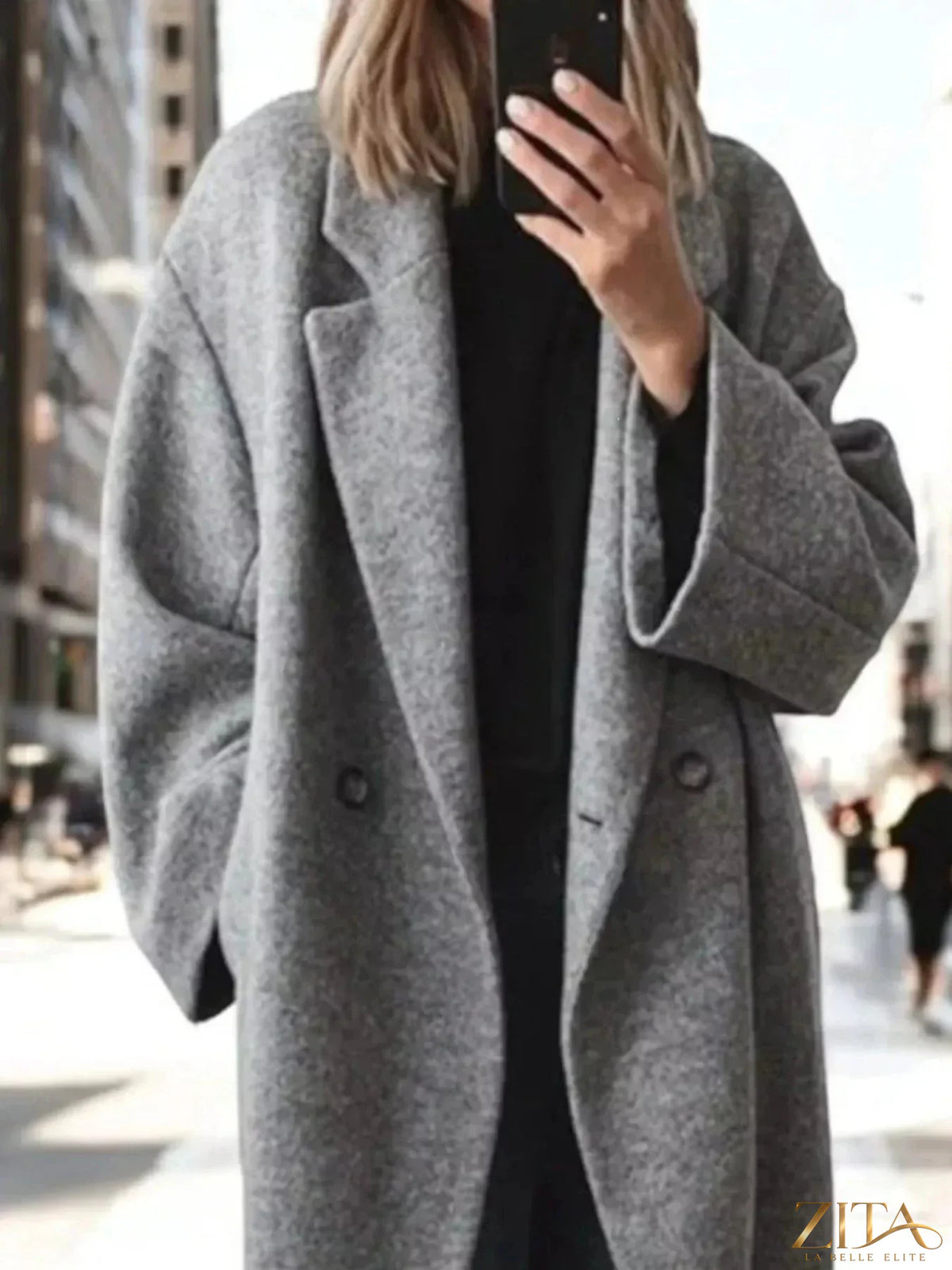 Plus size Zita La Belle Elite wool blend longline coat with lapel collar, full size, stylish and warm for cold weather.