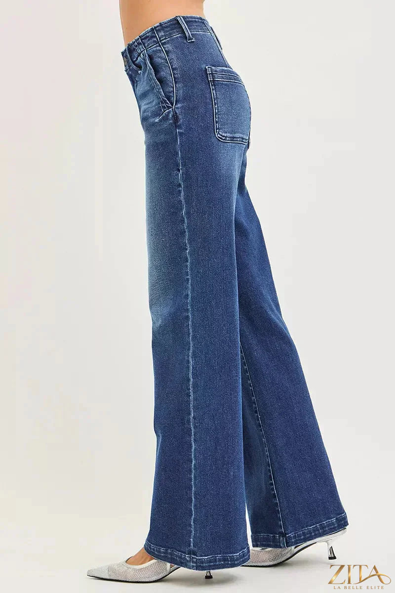 Zita La Belle Elite RISEN high-rise wide-leg jeans with slanted pockets, made of durable denim fabric.