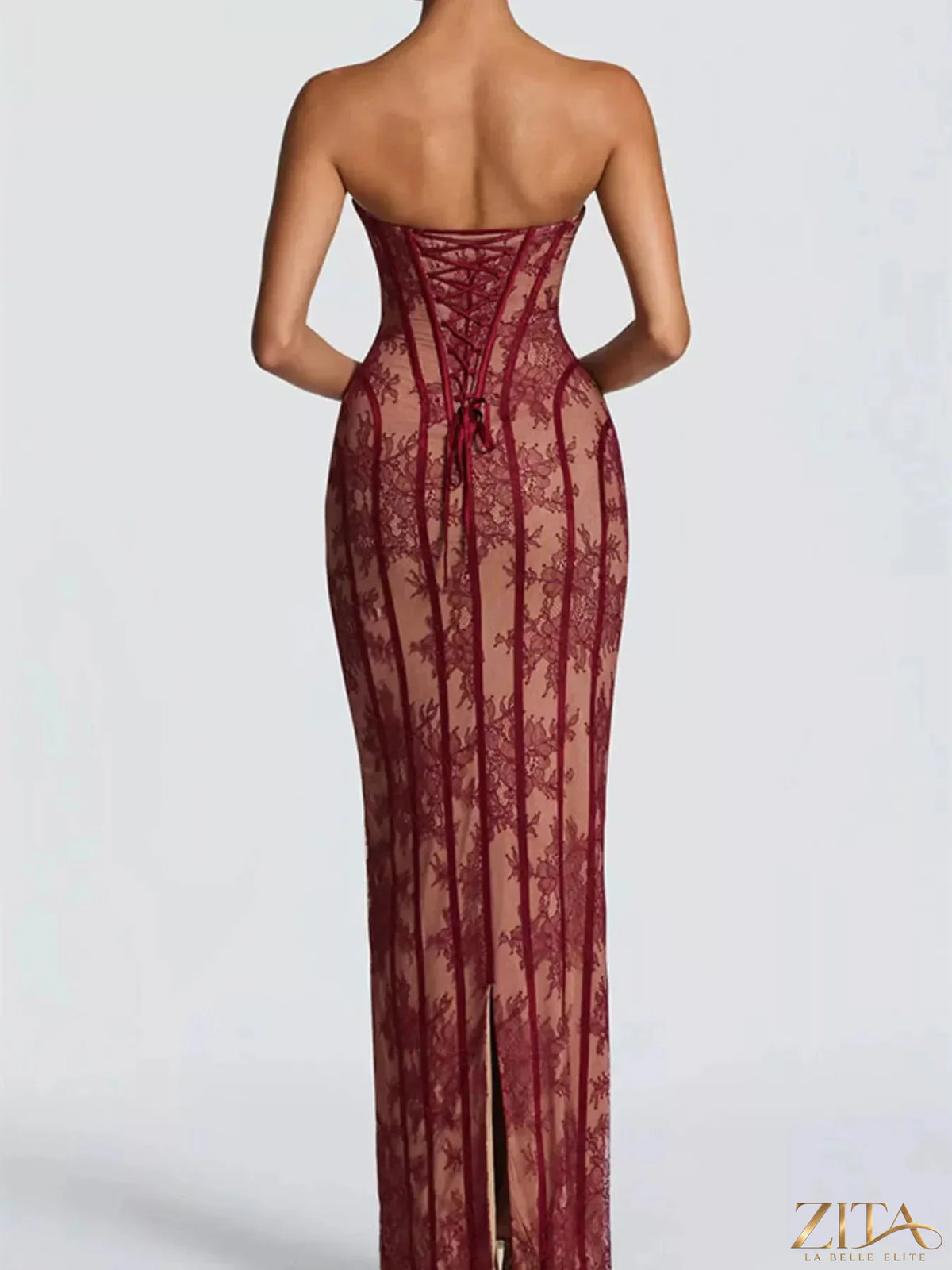 Zita La Belle Elite strapless maxi dress with lace-up back and flowing fabric, perfect for elegant occasions.