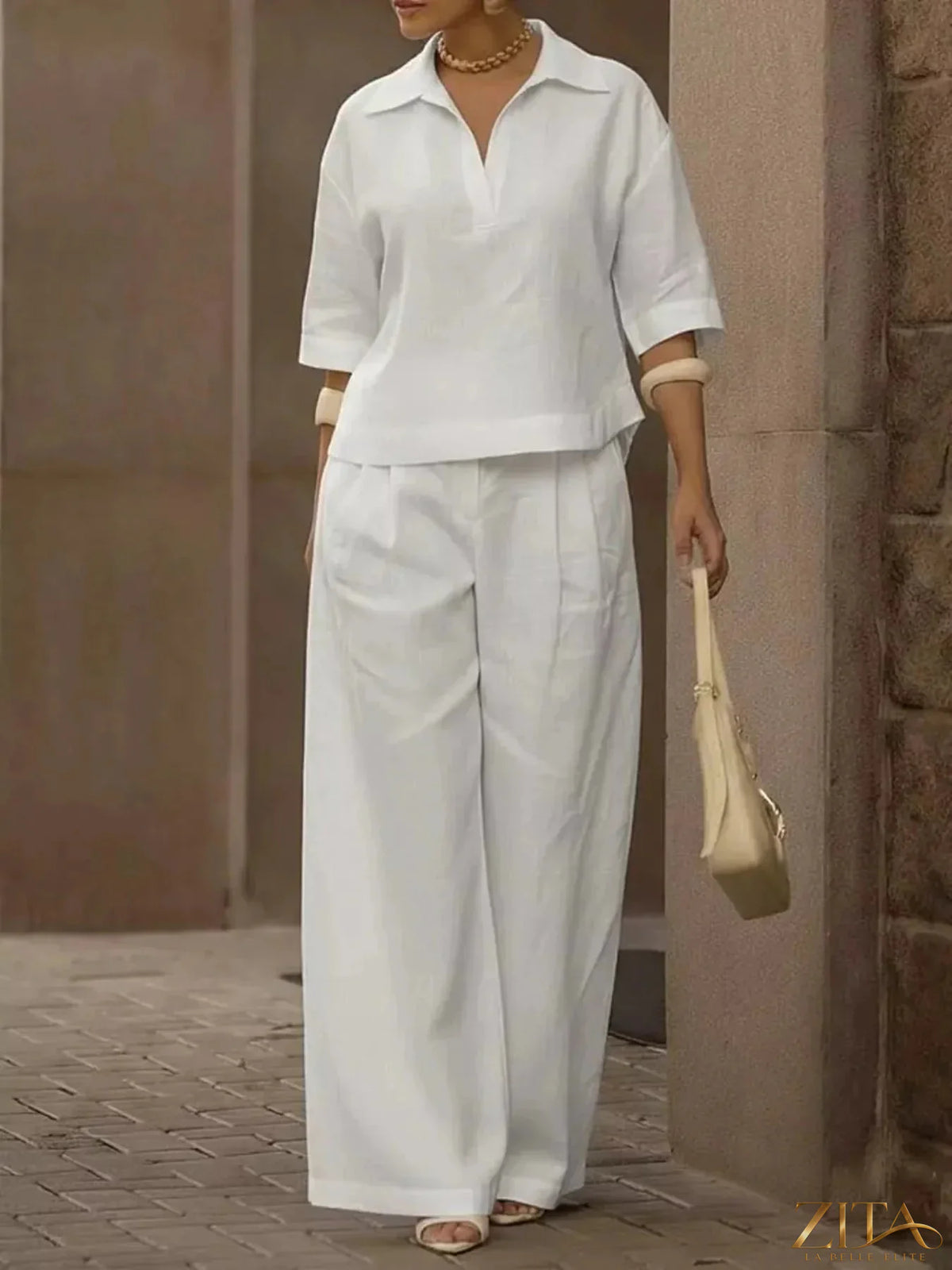 Zita La Belle Elite plus size two-piece set featuring a full size 3/4 sleeve top and wide-leg pants in a stylish, comfortable design