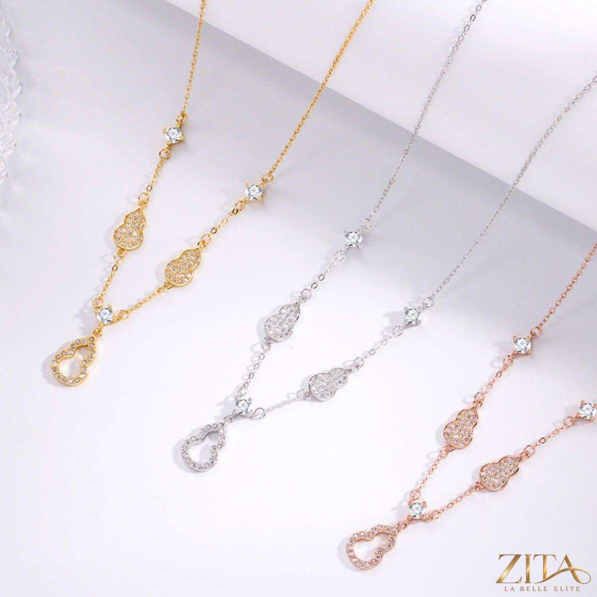 925 sterling silver zircon gourd necklace with intricate design, featuring sparkling zircon stones and a delicate chain.