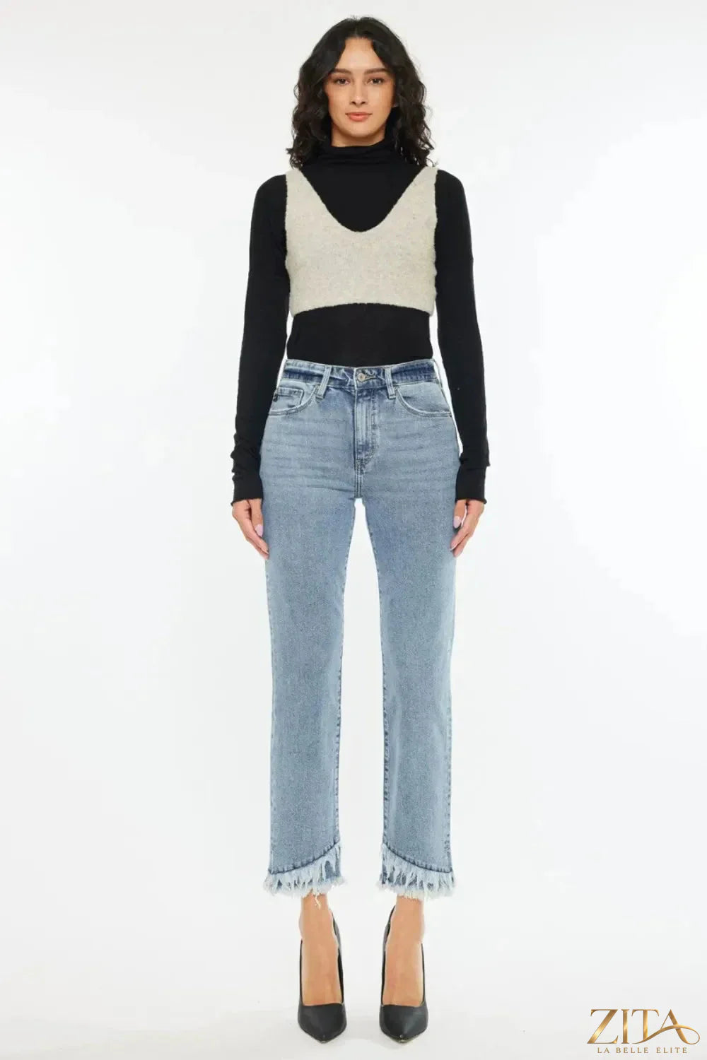 Zita La Belle Elite Kancan raw hem high rise straight jeans, denim, high waist, casual fit, showing front view with raw hem detail.