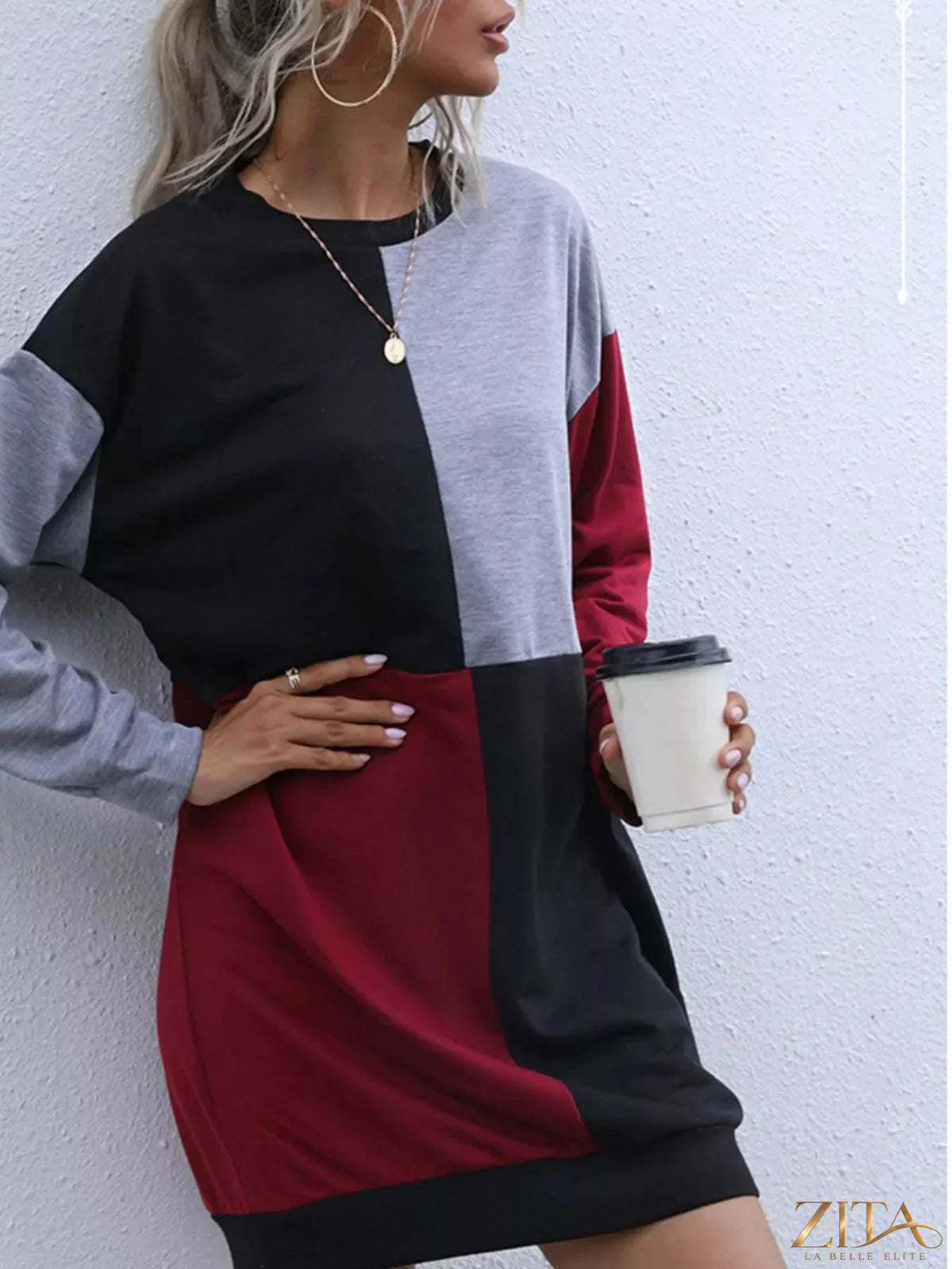 Color block casual long sleeve mini dress by Zita La Belle Elite, featuring vibrant color panels and a relaxed fit.