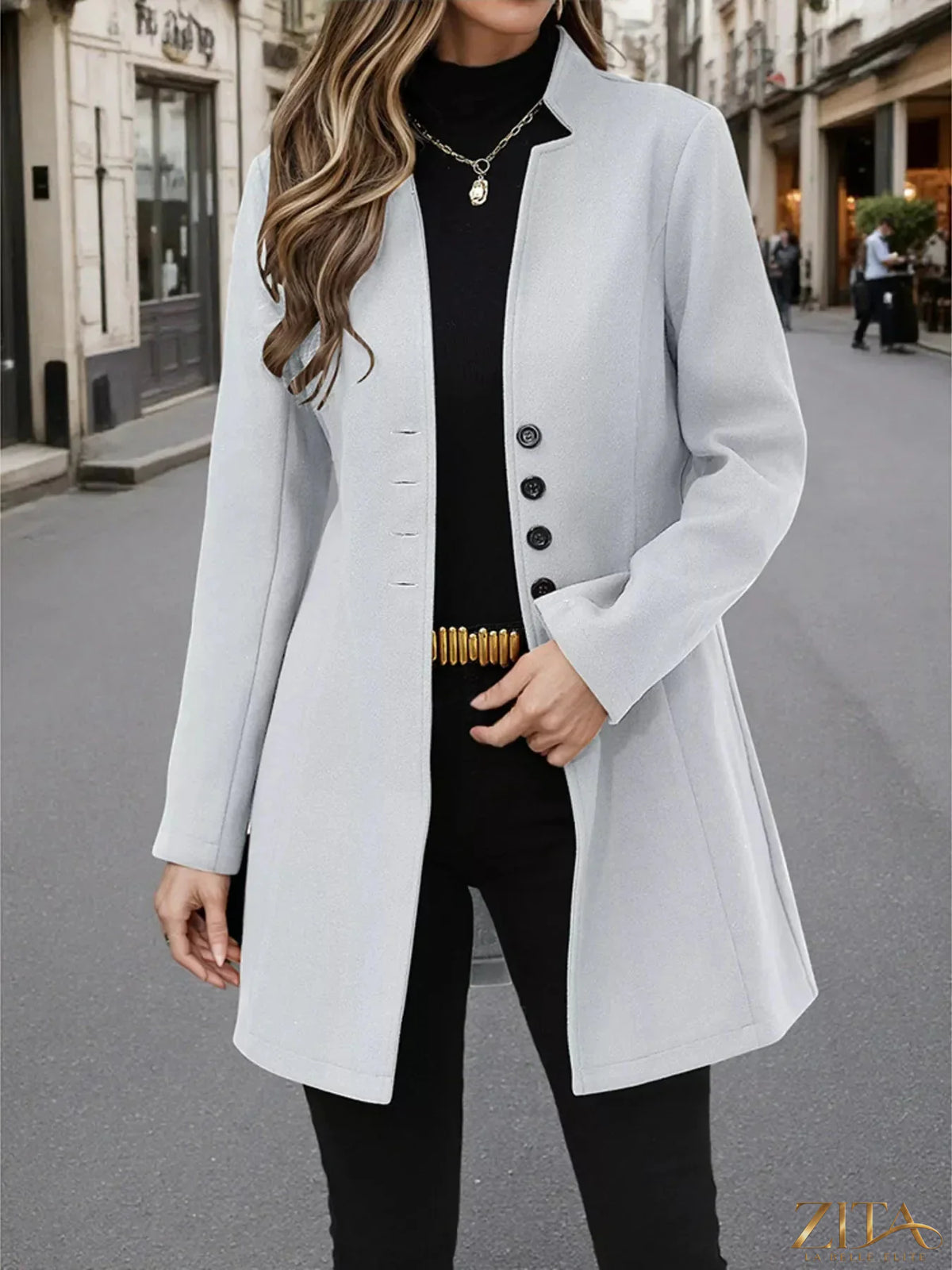Zita La Belle Elite button-up long sleeve coat displayed with a tailored fit and classic design in a neutral color.