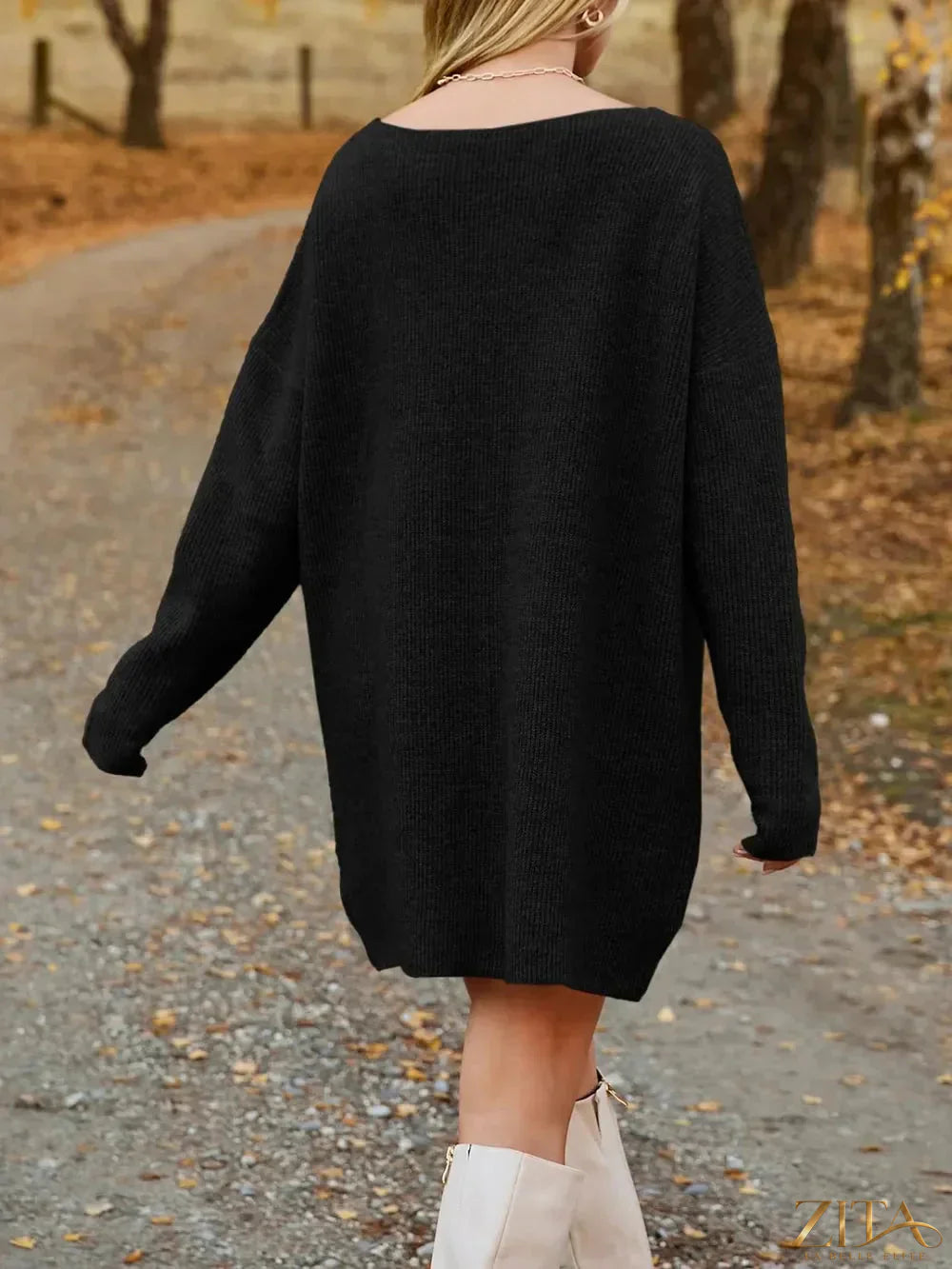 Zita La Belle Elite V-Neck Dropped Shoulder Sweater Dress in soft knit fabric, featuring a relaxed fit and stylish V-neck design.