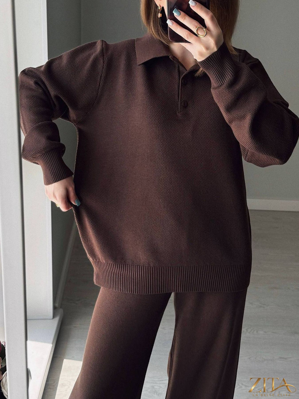 Zita La Belle Elite knit polo collar top with matching pants or skirt set, featuring a stylish and comfortable knit fabric.