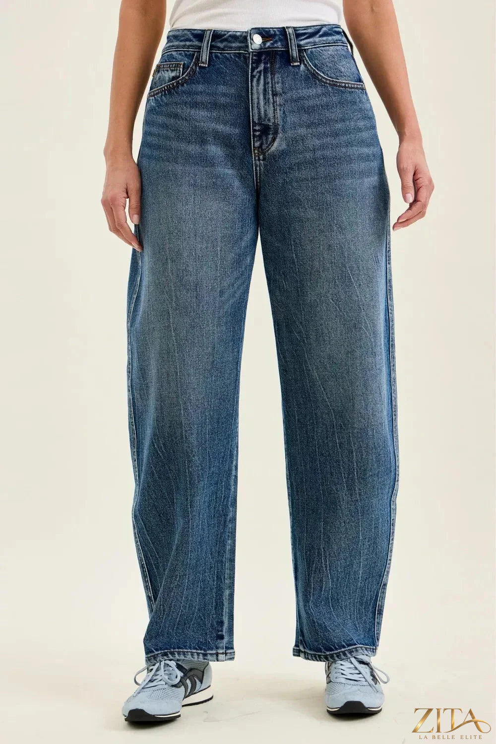 Zita La Belle Elite Judy Blue high waist Marlow arc distressed indigo jeans with weathered denim finish.