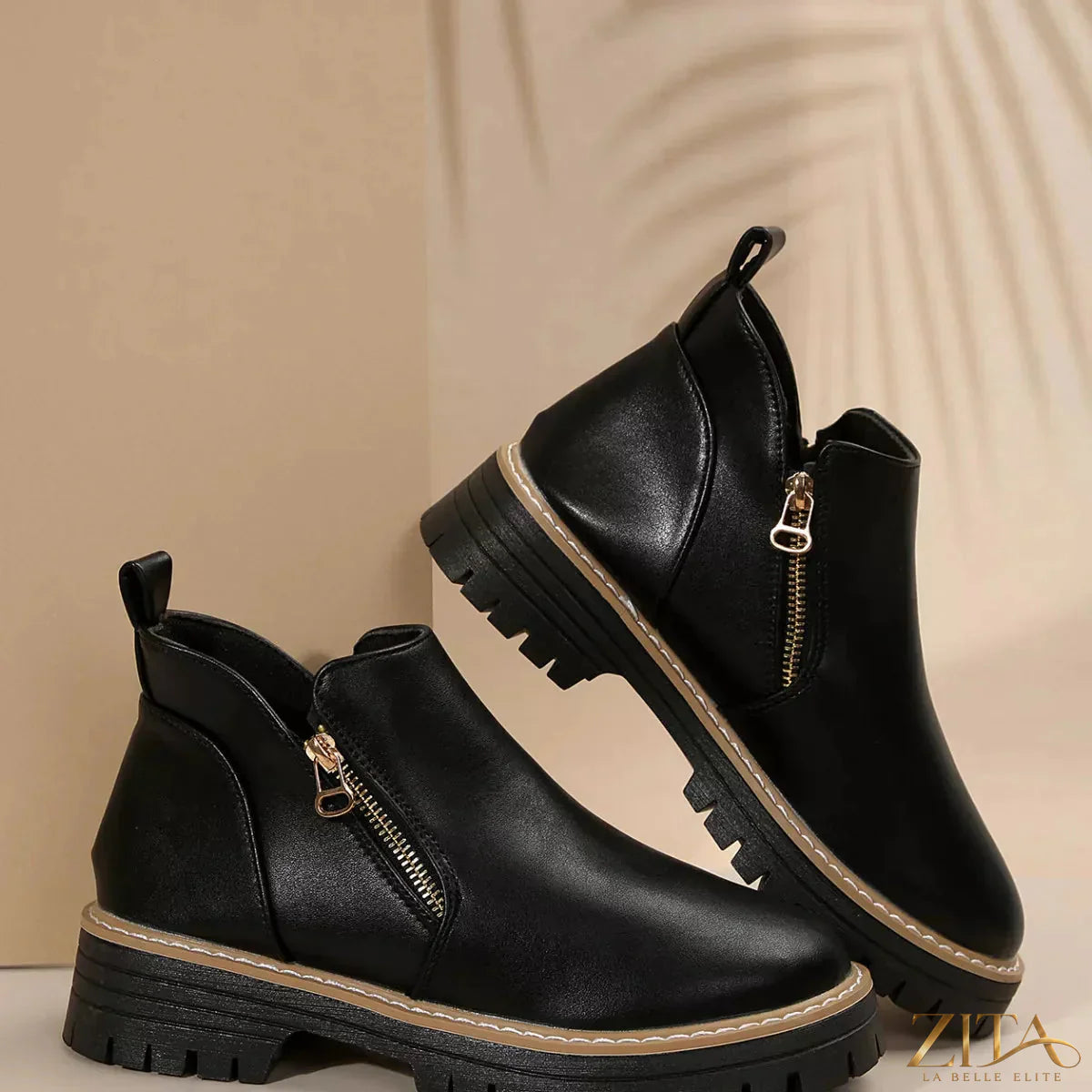 Zita La Belle Elite ankle boots with zipper detail, black leather, stylish and sleek footwear for casual or dressy occasions.
