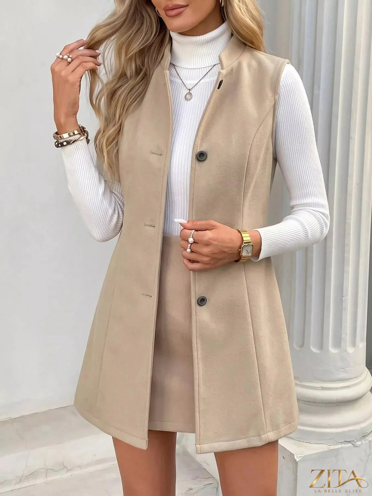 Zita La Belle Elite elegant button-down vest coat with tailored fit and classic design, worn as stylish outerwear.