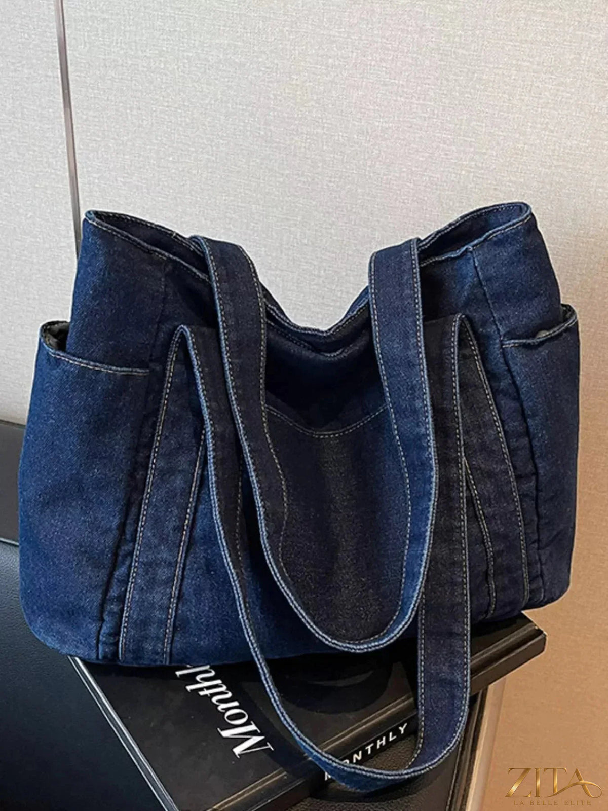 Zita La Belle Elite denim tote shoulder bag with sturdy handles and spacious interior, casual and stylish for everyday use.