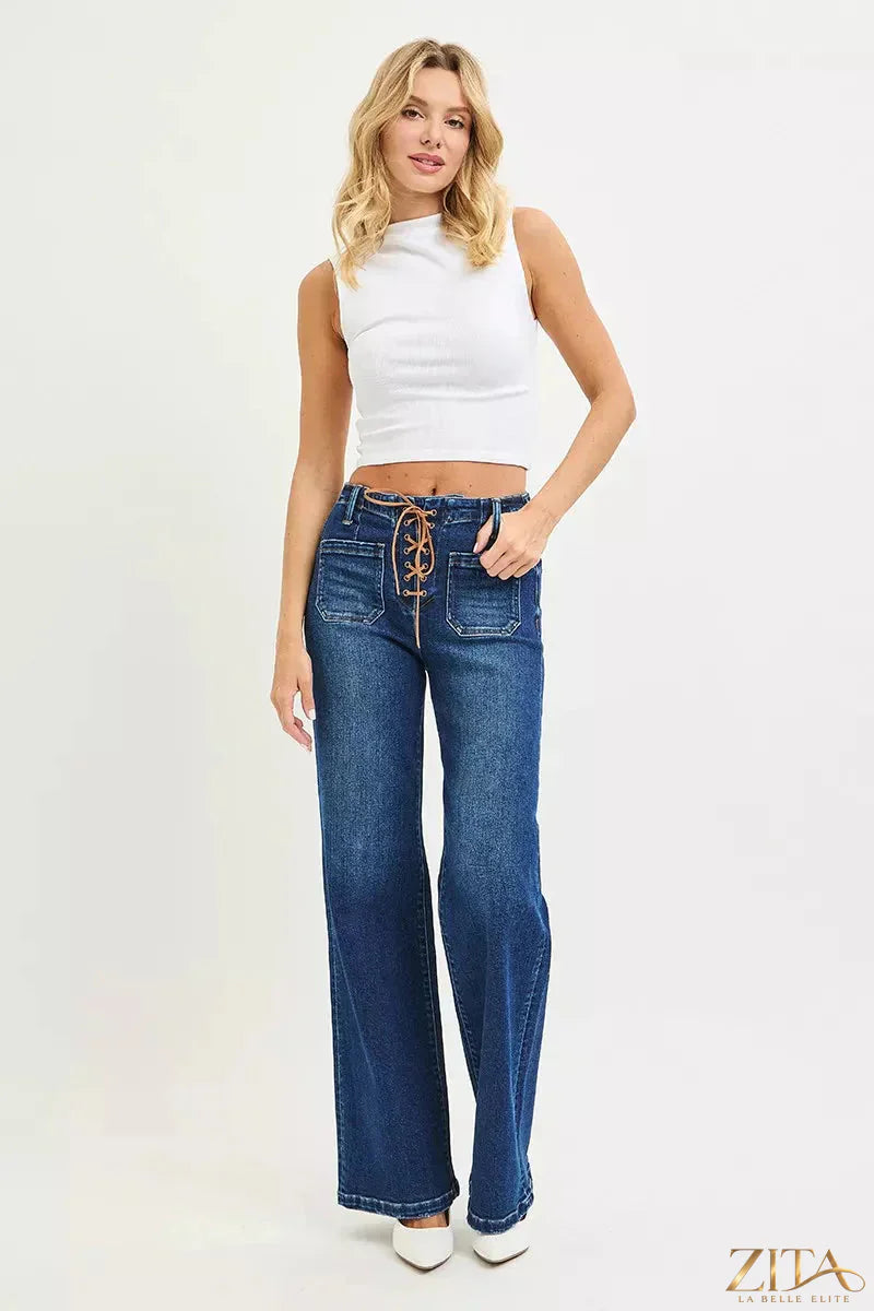 Plus size RISEN high-rise tie-front wide-leg jeans by Zita La Belle Elite, showing the front view with a tie waistband and wide leg style.