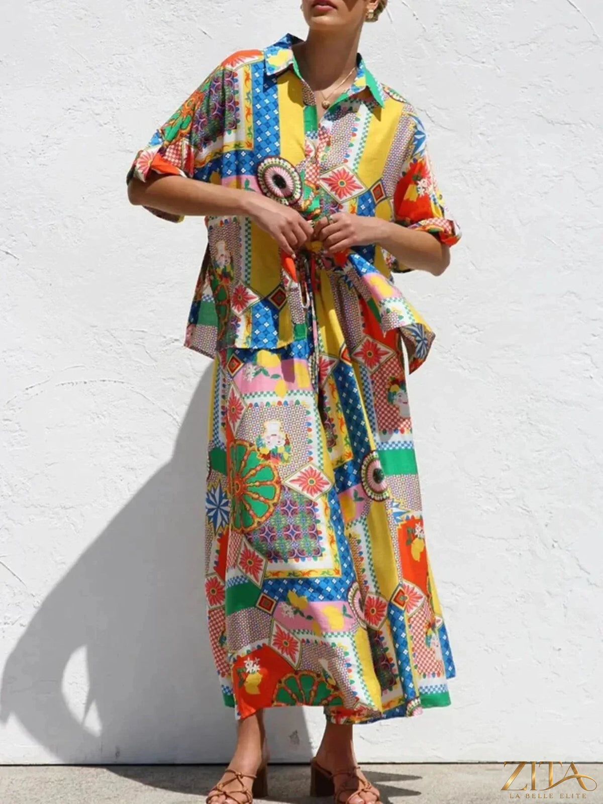 Zita La Belle Elite printed button-up shirt and matching pants set, featuring vibrant design, long sleeves, and tailored fit.