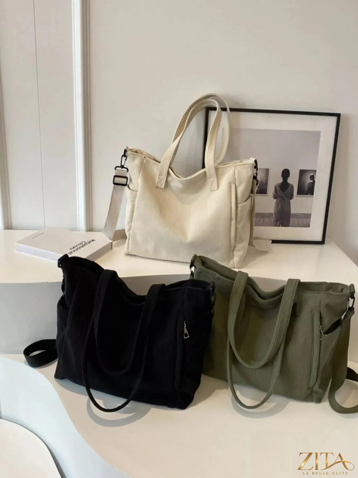 Zita La Belle Elite corduroy solid color handbag with top handle and gold hardware, stylish and versatile for everyday use.