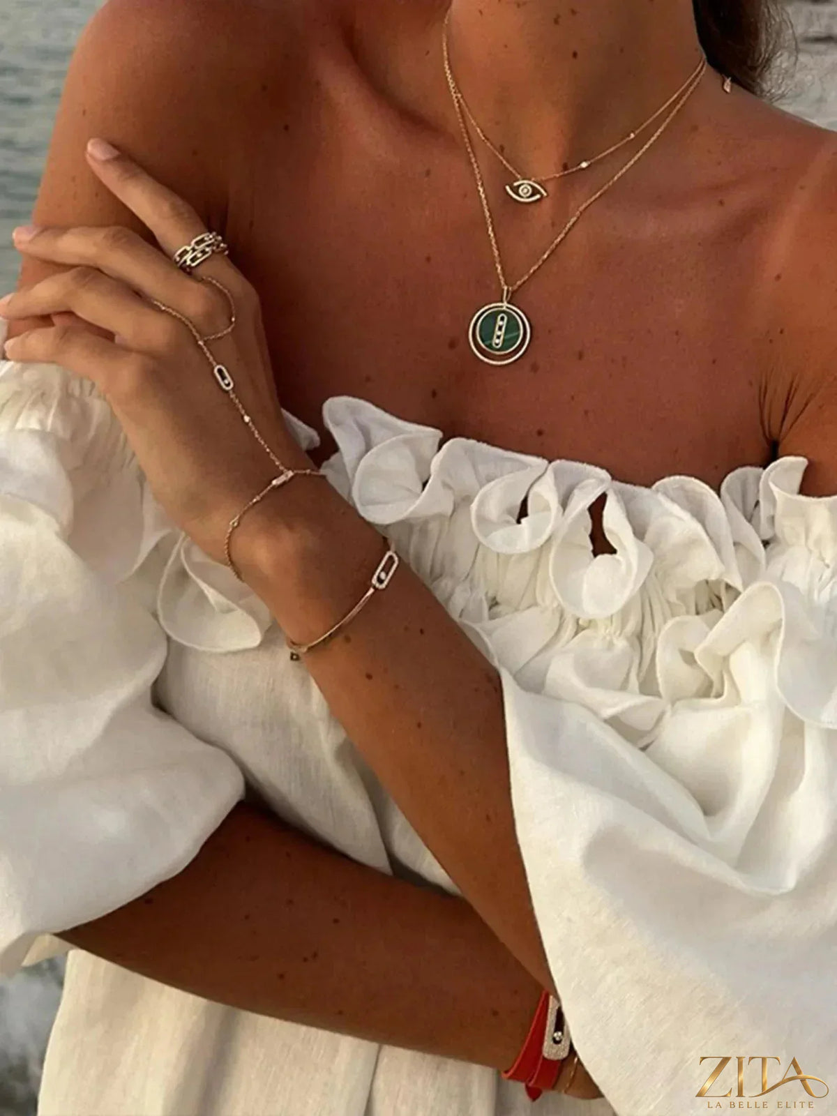 Zita La Belle Elite side slit off-shoulder dress in soft fabric, featuring a flowy silhouette and elegant off-shoulder neckline.