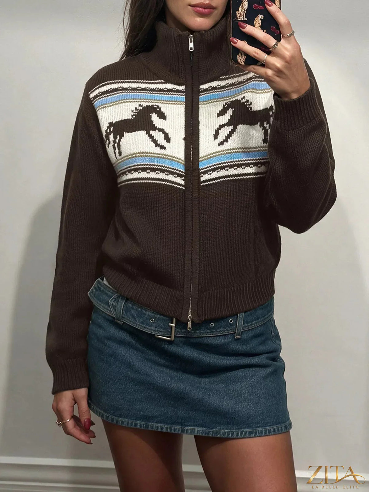 Zita La Belle Elite horse zip-up mock neck cardigan displayed in a stylish, fitted design with a front zipper and ribbed collar.
