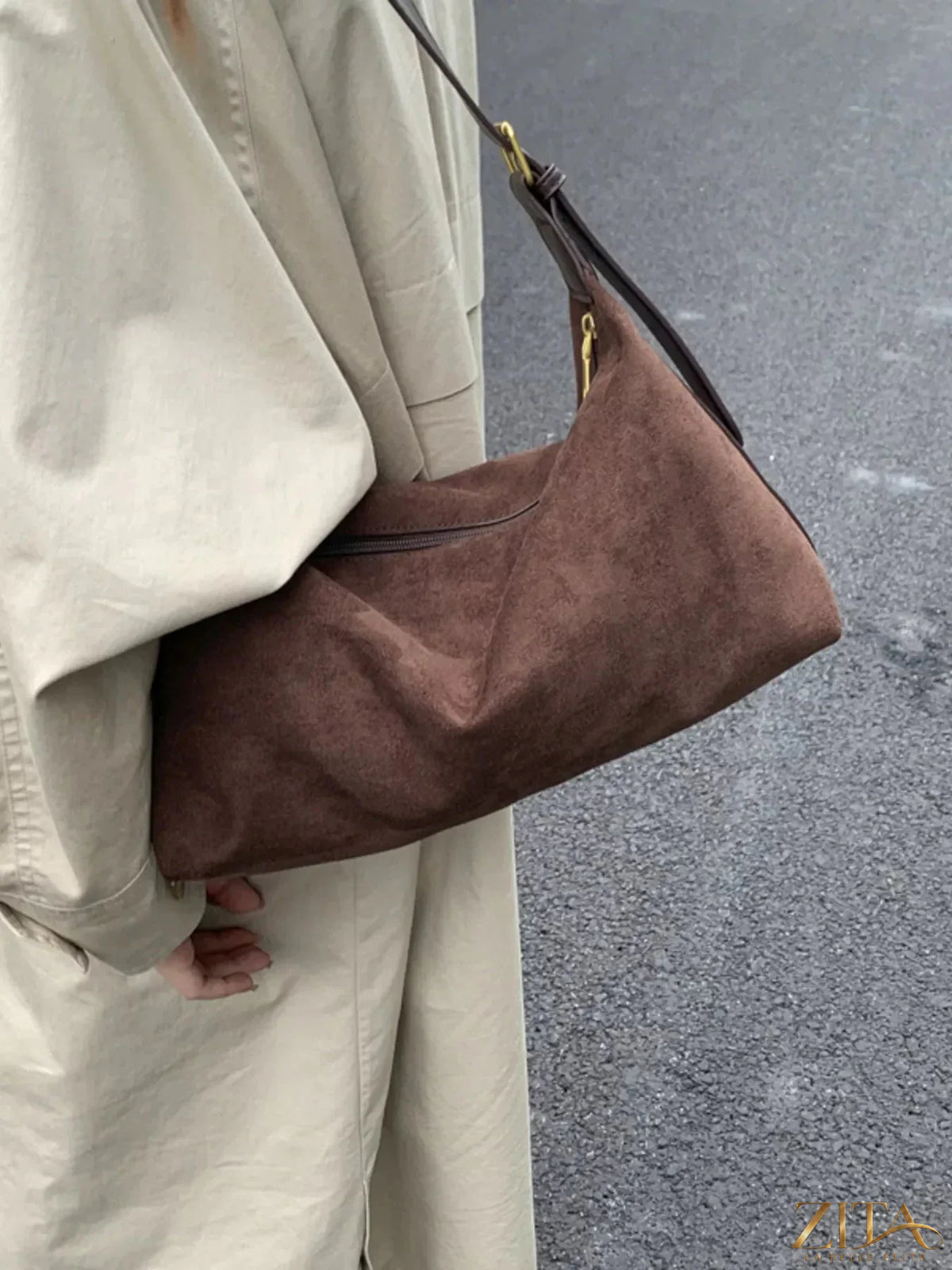 Zita La Belle Elite solid color suede hobo crossbody bag with rounded shape and adjustable strap, stylish accessory for casual wear.