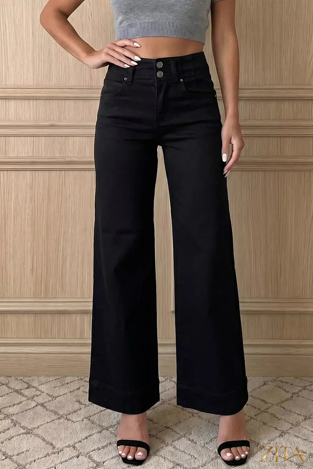 Zita La Belle Elite high waist flared jeans with two-button front and classic denim wash, showcasing the flared leg design.